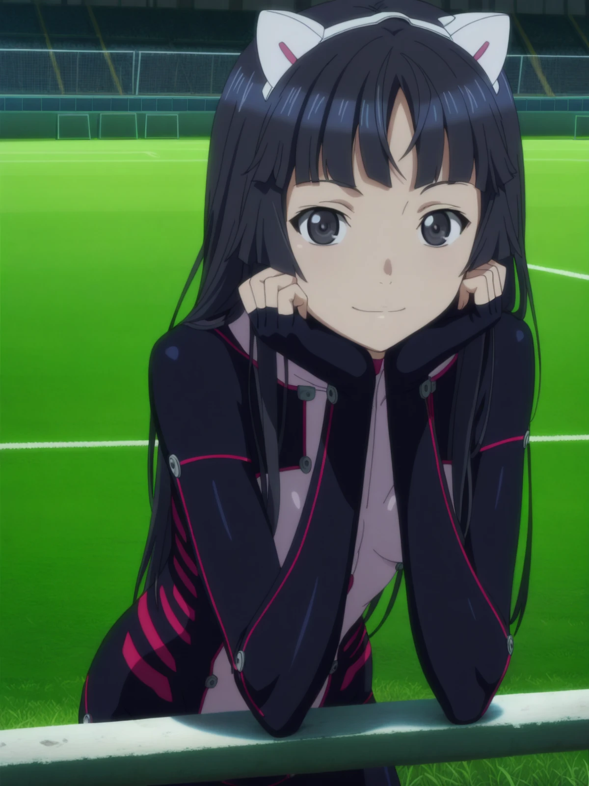 masterpiece, best quality, amazing quality,, <lora:guiltycrown-tsugumi-s1-illustriousxl-lora-nochekaiser:1>, tsugumi, long hair, black hair, animal ears, black eyes, fake animal ears, cat ears, mature female, small breasts, anime screencap, fingerless gloves, bodysuit, head rest, soccer field, grass, goal, players, sport, cowboy shot, solo, looking at viewer,