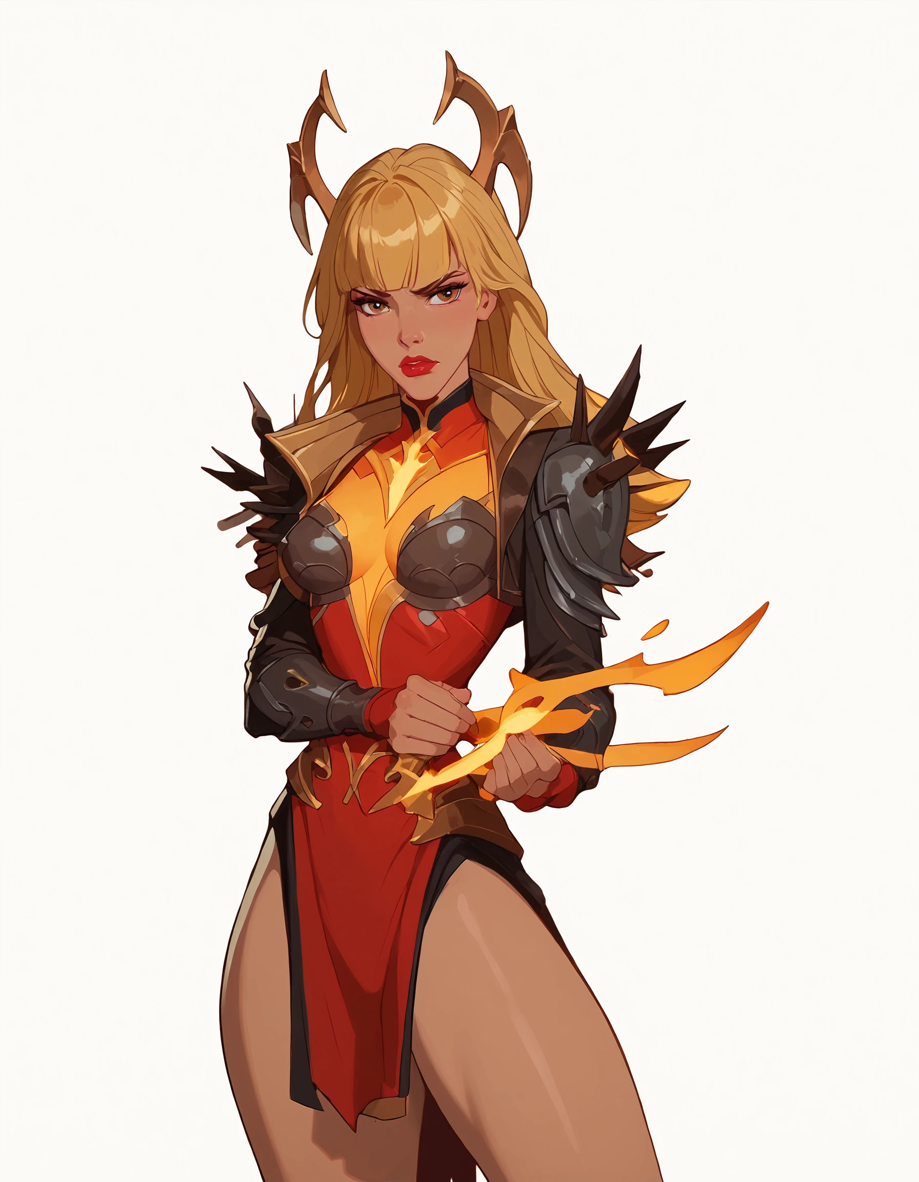 <lora:Disney_Style:1> <lora:Disney_Animation_Pony_v1:0.1> <lora:princess_xl_v2:.75> <lora:add-detail-xl:.9> <lora:g0th1cPXL:.3> <lora:Cherry-Gig:.45> <lora:Expressive_H:1> <lora:PLASTT_PonyV6:1> score_9, score_8_up, score_7_up, zPDXL, (DisneyRenstyle), score_9,score_8_up,score_7_up,score_6_up,
1girl, solo, (((Magik, Standing, Phoenix Demon Outfit, 3/4 view, ambient light, white background, plain background)))
(((blonde and red hair, fringe, bangs))),
perfect face, beautiful face, serious expression, red lips, brown eyes, slender, sexy thighs, 5 fingers, perfect hands,
<lora:Magik_-_Phoenix_Demon_Outfit__Marvel_Rivals:0.7>