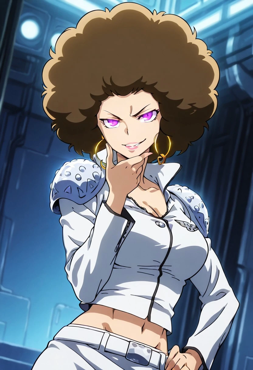 IrisHepburnKHR, 1girl, solo, afro, light brown hair, big hair, purple eyes, large hoop earrings, full lips, pink lips, larger bust, white crop top, cleavage, shoulder pads, white spell uniform, navel, midriff, groin, white belt, white short skirt, large but,  thick thighs, long sleeves, jewelry,
masterpiece, best quality, fine details, intricate details, depth of field, subsurface scattering, bokeh, ultra-detailed, very aesthetic, detailed background, newest, scenery, highres, absurdres, colorful, vibrant, glowing, perfect face, 2d, perfect eyes,  vibrant saturated colors, volumetric lighting, sharp, detailed eyes, perfect anatomy,  perfect face, perfect eyes, mature body, clear eyes, beautiful eyes, athletic, curvy body, athletic girl, perky tits, perfect tits, round breasts, pinup pose, teasing, lustful expression, perfect hands, 
muscular female, dutch angle,  dynamic pose,
upper body, standing, contrapposto, hand on hip, beckoning, come hither, hand up, head tilt, chin up, taunting, glowing eyes, facing viewer, looking at viewer, glaring at viewer, arrogant, devilish, evil grin
,Smooth Negative, Smooth_Quality, 
dark_fantasy_style, dark fantasy, retro,