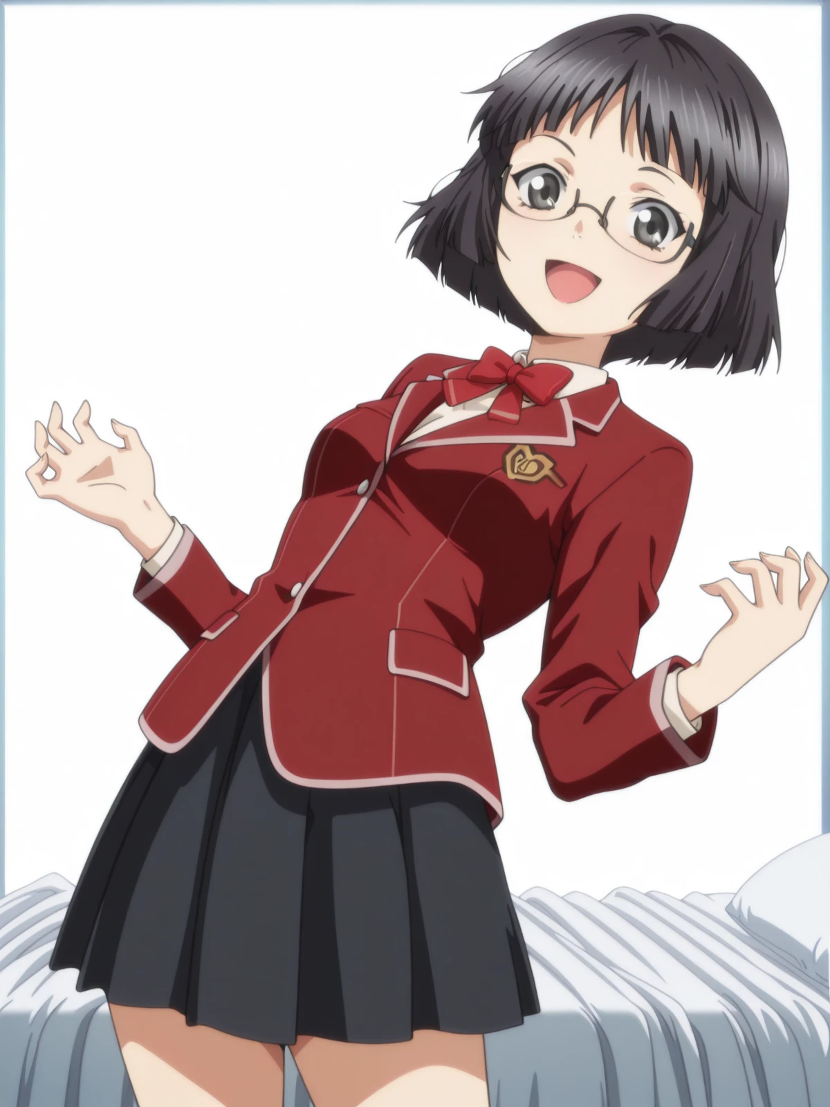 masterpiece, best quality, amazing quality,, <lora:kanon-kusama-s1-illustriousxl-lora-nochekaiser:1>, kanon kusama, short hair, black hair, glasses, black eyes, mature female, small breasts, anime screencap, skirt, bow, jacket, pleated skirt, bowtie, blazer, red blazer, red bowtie, black skirt,, <lora:wryyyyyyyyyyyyyyyyyyyy-illustriousxl-lora-nochekaiser:1>, wryyyyyyyyyyyyyyyyyyyy, solo, smile, open mouth, leaning back, full body, hands up,, infirmary, bed, medical_supplies, nurse, first_aid, cowboy shot, solo, looking at viewer, <lora:transparent-background-illustriousxl-lora-nochekaiser:1>, transparent background, simple background, white background
