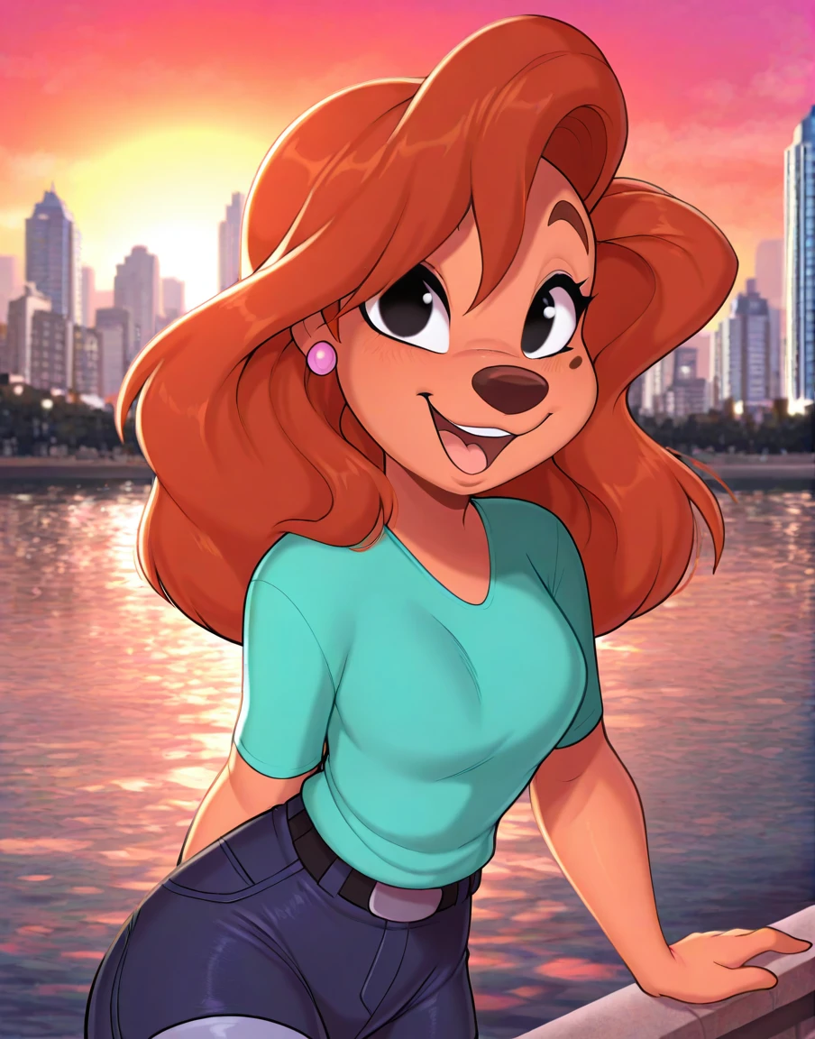 masterpiece, best quality, amazing quality, absurdres, solo, , cityscape, river, sunset
roxannerover, female, tan body, black eyes, brown hair, beauty mark, ear piercing, teal t-shirt, denim shorts, open mouth, smile, looking at viewer, portrait,
by lunarspy, <lora:RoxanneXL_023-Illus-nd32-na64-lr1-b2-ep16:1>