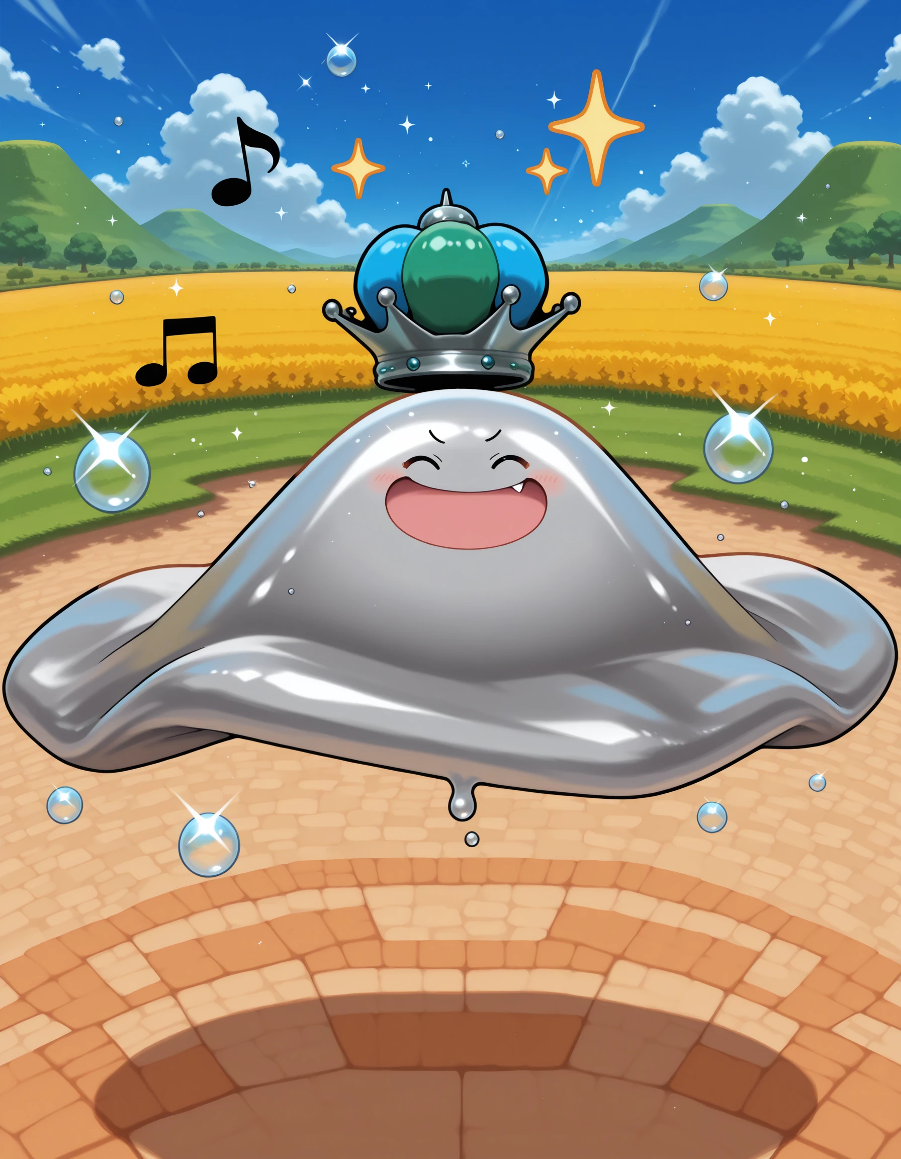 masterpiece,extreme detailed,day,outdoors,field BREAK 1other,solo,no humans,no_legs,hagureking,crown,:D,slime \(creature\),sparkle,bubble,doyagao,<lora:hagurin-ILv2:1>,^_^,+++,musical note,fang,dancing,