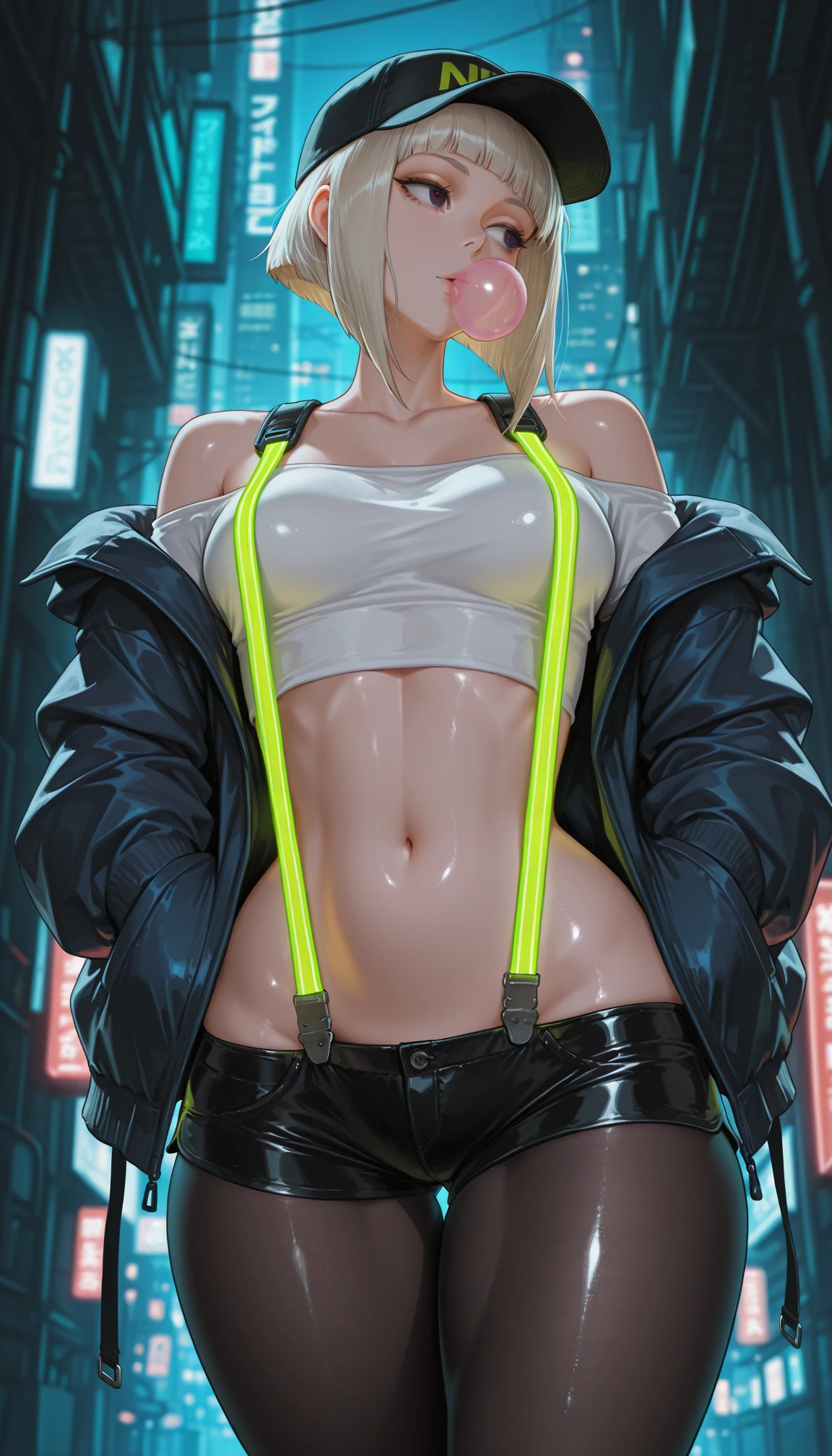 masterpiece, best quality, amazing quality, 4k, very aesthetic, high resolution, ultra-detailed, absurdres, newest, scenery, very awa, neon rim light, dark, 1girl, shiny dark eyes, platinum blonde, inverted bob, sidelocks over shoulder, oversized baseball cap, chewing gum, medium breasts, crop top white shirt, midriff, navel, dark blue open jacket, off-shoulder, wide hips, huge butt, thick thighs, skindentation (lowleg:1.2) black latex short shorts, black pantyhose, (glowing neon suspenders:1.3), looking away, hands in jacket pockets, walking, twisty pose, head tilt, wide shot, cowboy shot, from below, dutch angle, dynamic, face focus, fine fabric emphasis, shiny skin, cyberpunk, BREAK, eyes, detailed eyes, depth of field, volumetric lighting, photorealistic details