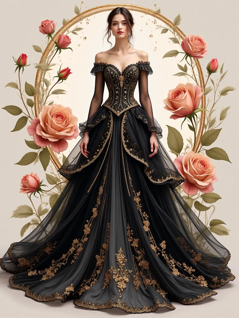 E_style,This is an elaborate gown design. It features a strapless, sweetheart - neckline bodice in dark tones, with off - the - shoulder sheer sleeves. The dress has a layered skirt, combining dark outer fabric and lighter inner layers. Intricate gold - toned embellishments, like floral patterns and decorative chains, adorn the gown. There are also rose motifs in the background, and the hem has delicate flower and lace details, creating a luxurious and elegant look.