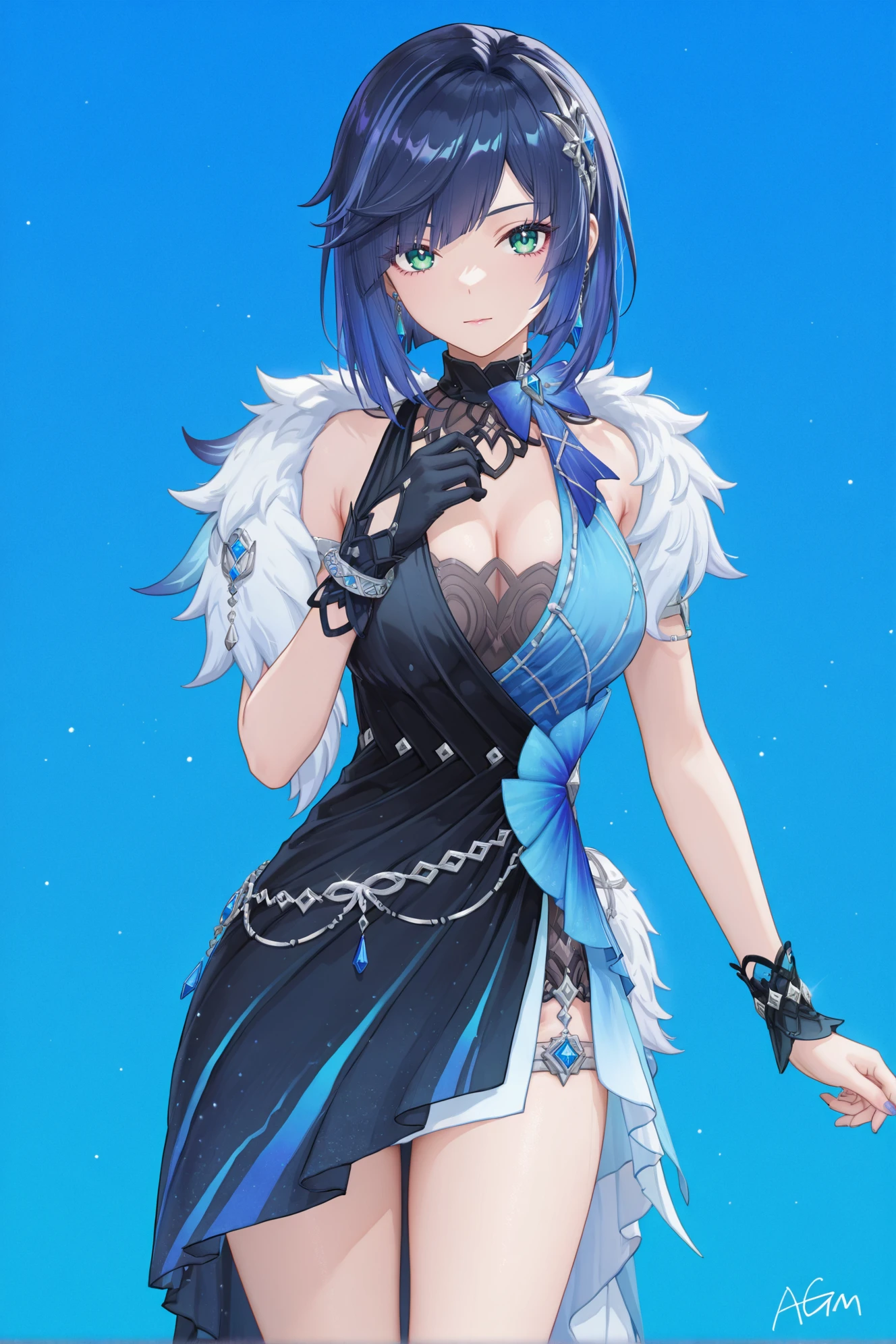 masterpiece,best quality,((artist:reoen),(artist:fuzichoco),(artist:atdan),(artist:torino_aqua:0.5),year 2024:0.5),(artist:omone_hokoma_agm:0.8),
<lora:yela_newc-noob-Tanger:0.9>,
yelan \(genshin impact\),clothes: yelanew blue-and-black dress,yelanew alternate costume,1girl,yelanew single glove,jewelry,bracelet,blue hair,bangs,green eyes,sleeveless,yelanew fur trim,
jijia,2d,anime,1girl,breasts,solo,looking at viewer,large breasts,simple background,blue background,cowboy shot,closed mouth,thighs,
