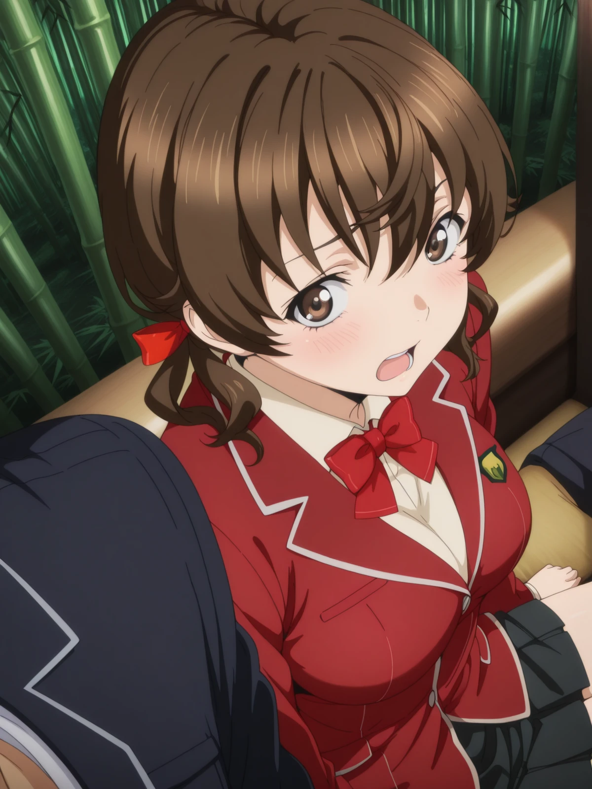 masterpiece, best quality, amazing quality,, <lora:hare-menjou-s1-illustriousxl-lora-nochekaiser:1>, hare menjou, brown hair, twintails, brown eyes, ribbon, hair ribbon, short twintails, mature female, medium breasts, anime screencap, skirt, bow, jacket, pleated skirt, bowtie, blazer, red blazer, red bowtie, black skirt,, <lora:side-by-side-pov-illustriousxl-lora-nochekaiser:1>, side-by-side pov, side-by-side, pov, solo focus, 1boy, sitting, pov shoulder, blush, open mouth, sitting, closed eyes,, bamboo forest, bamboo, trees, dense, wildlife, cowboy shot, solo, looking at viewer,