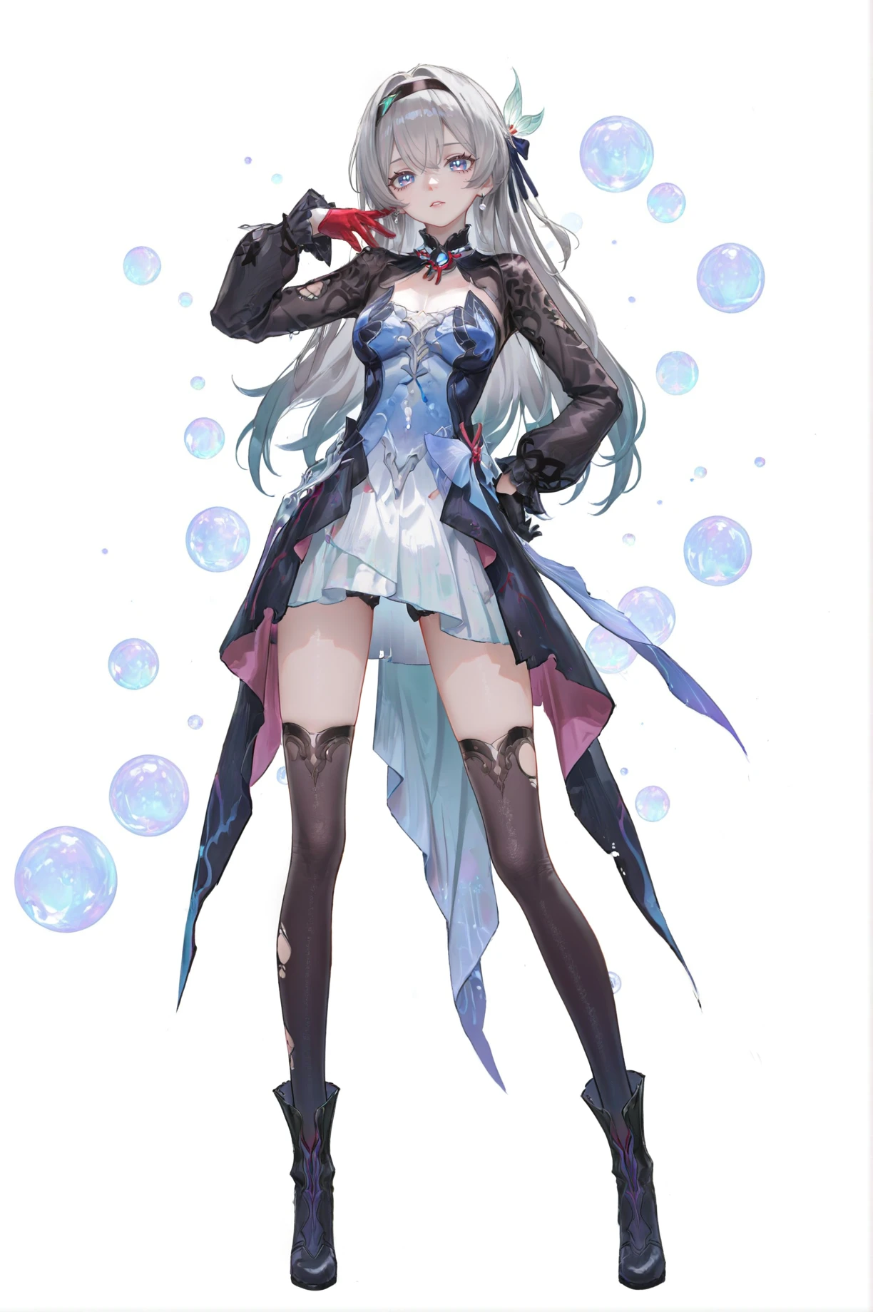 8k,best quality,masterpiece,(ultra-detailed),(high detailed skin),
(artist:reoen:0.826446),(artist:machi:0.9),(artist:ningen_mame:0.9),(artist:sho_(sho_lwlw):0.9),(artist:rhasta:0.9),(artist:wlop:0.7),(artist:ke-ta:0.6),(fkey:0.5),(tianliang duohe fangdongye:0.5),(hiten \(hitenkei\):0.6),best quality,amazing quality,(artist:onineko:0.826446),very aesthetic,bokeh,
masterpiece,best quality,<lora:wqmt-gnoob-Tanger:0.4>,Path to Nowhere  \(video game\),game CG,cool,
full body,full shot,standing,looking at viewer,(solo:1.2),simple background,(white background:1.2),hand on own hip,(white background:1.1),
<lora:LKnew-noob-con-Tanger-000013:0.6>,
Firefly \(honkai: star rail\),1girl,long hair,grey hair,blue eyes,hairband,
<lora:Hysilens-noob-Tanger:0.9>,
clothes: Hysilensdef white-and-black dress,Hysilensdef thighhighs,Hysilensdef mismatched gloves,long sleeves,torn thighhighs,black left glove,red right glove,