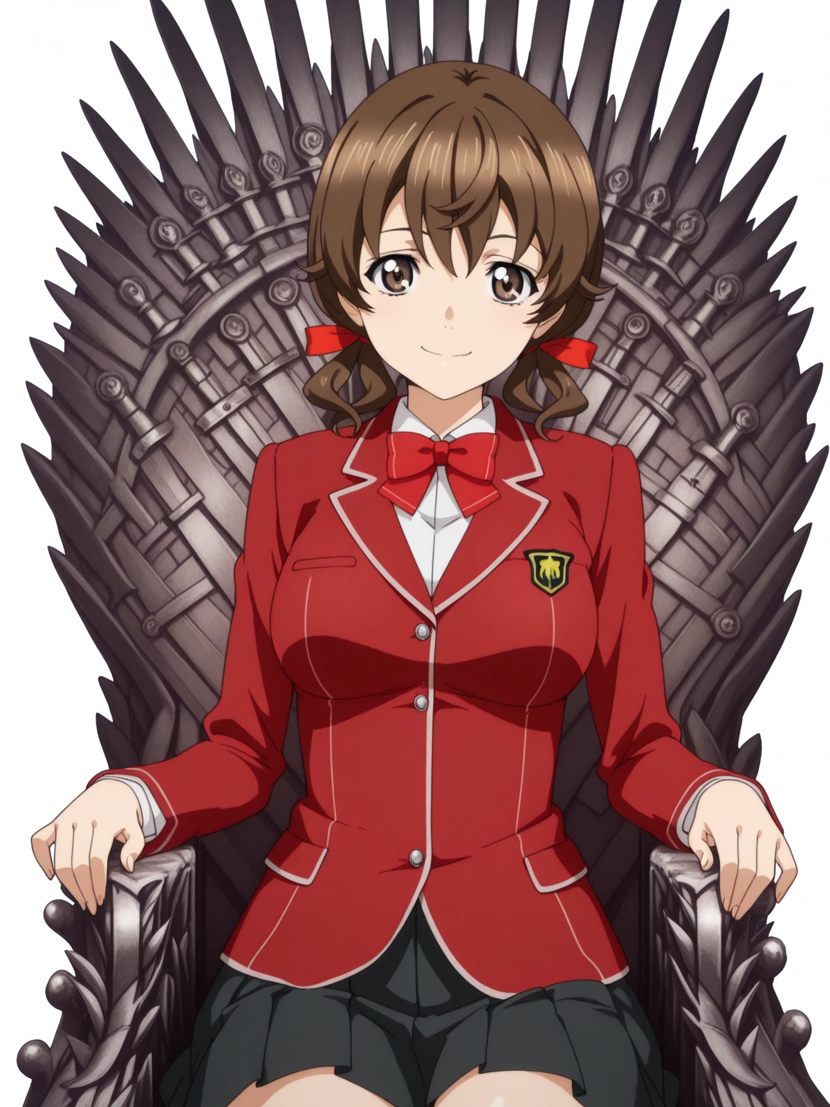 masterpiece, best quality, amazing quality,, <lora:hare-menjou-s1-illustriousxl-lora-nochekaiser:1>, hare menjou, brown hair, twintails, brown eyes, ribbon, hair ribbon, short twintails, mature female, medium breasts, anime screencap, skirt, bow, jacket, pleated skirt, bowtie, blazer, red blazer, red bowtie, black skirt,, <lora:iron-throne-illustriousxl-lora-nochekaiser:1>, iron throne, sitting, looking at viewer, sword, throne, sitting on throne, smile, cowboy shot, bakery, bread, pastries, sweets,, cowboy shot, solo, looking at viewer, <lora:transparent-background-illustriousxl-lora-nochekaiser:1>, transparent background, simple background, white background