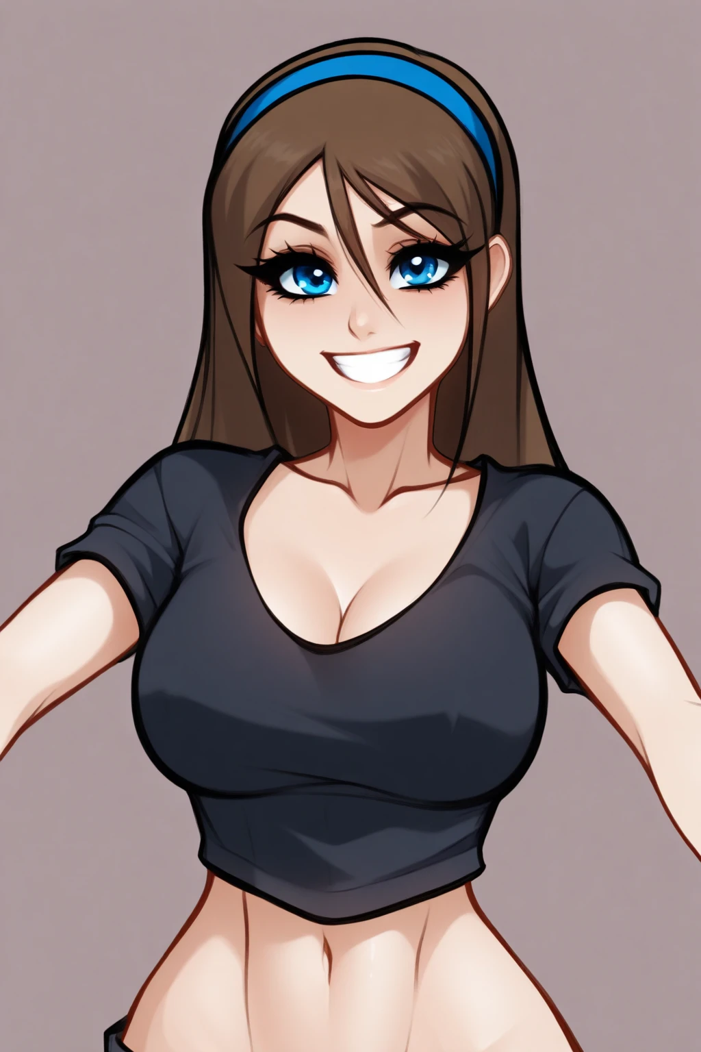 {{masterpiece,best quality,amazing quality}}, 1girl, solo, looking at viewer, upper body,
jago_erika, brown hair, long hair, blue hairband, blue eyes, grin, happy, large breasts, black crop top, loose crop top, cleavage, navel, short sleeves
<lora:Erika_illustrious:0.7> <lora:Blushyspicy v2 illustrious:1>