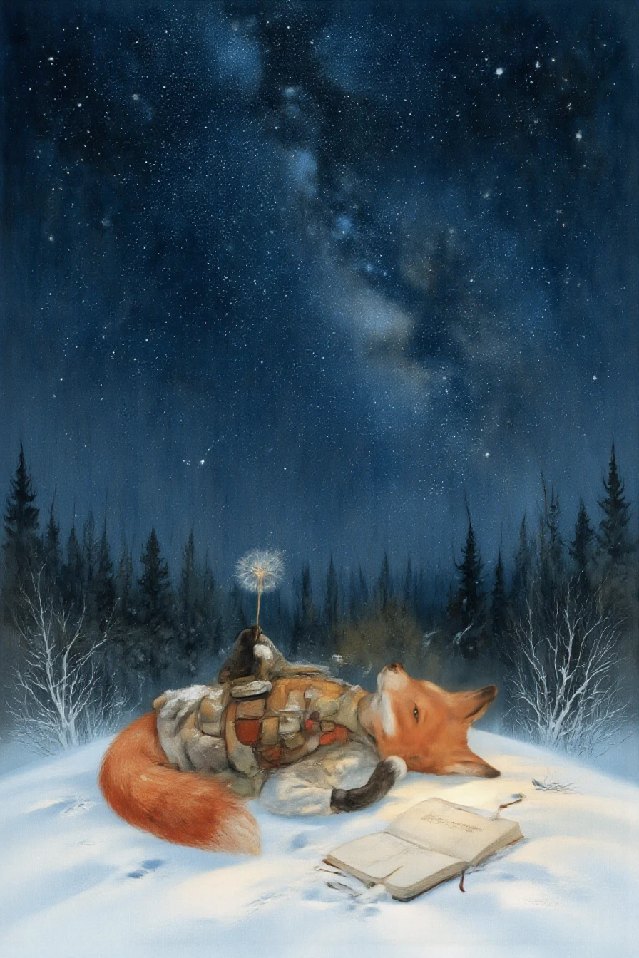 <lora:shurochka:1>, 4. Shurochka the Dreamer â Under the Winter Stars
A red fox lies on her back atop a snowy hill, staring up at the Milky Way. Her practical vest is dusted with snowflakes, her notebook rests beside her, closed. Her amber eyes reflect the stars. One paw holds a dandelion clock, frozen in time. Her tail curls gently around her like a blanket. Around her: silent snowfall, the faint trail of a shooting star. Background: a vast night sky over a sleeping forest, the world hushed in white. Style: whimsical childrenâs book illustration, soft watercolor textures, warm lighting. Mood: peaceful, wistful, full of quiet wonder.