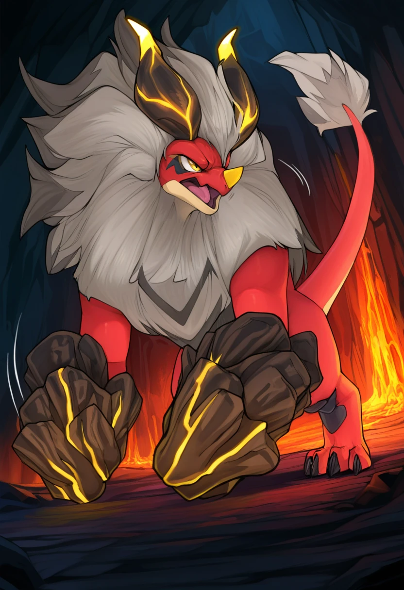 <lora:PW_Blazamut_a1_7_NoobXL-eps:1>,<lora:Spall_Style_Ill_V2:0.5>,<lora:EatSleep1111StyleSDXL11:0.7>,eatsleep1111,artist:spaal,masterpiece,best quality,amazing quality,high quality,very aesthetic,absurdres,newest,shaded,digital media \(artwork\),depth of field,pwbzmt,feral,detailed background,pose,gauntlets,three-quarter view,yellow eyes,tail,black claws,open mouth,raised hand,motion lines,low-angle view,dutch angle,cave,lava,fire,angry,