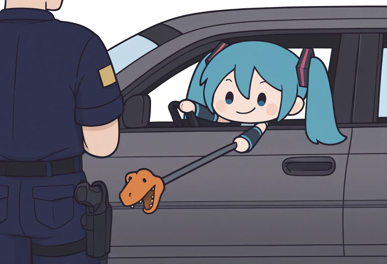 <lora:police_gun:1>, mikus-concept, driver leaning out window, holding toy grabber, police officer in navy blue uniform, playful mood, upper body, hatsune miku, long hair, blue eyes, blue hair, human, 1girl, smirk, chibi