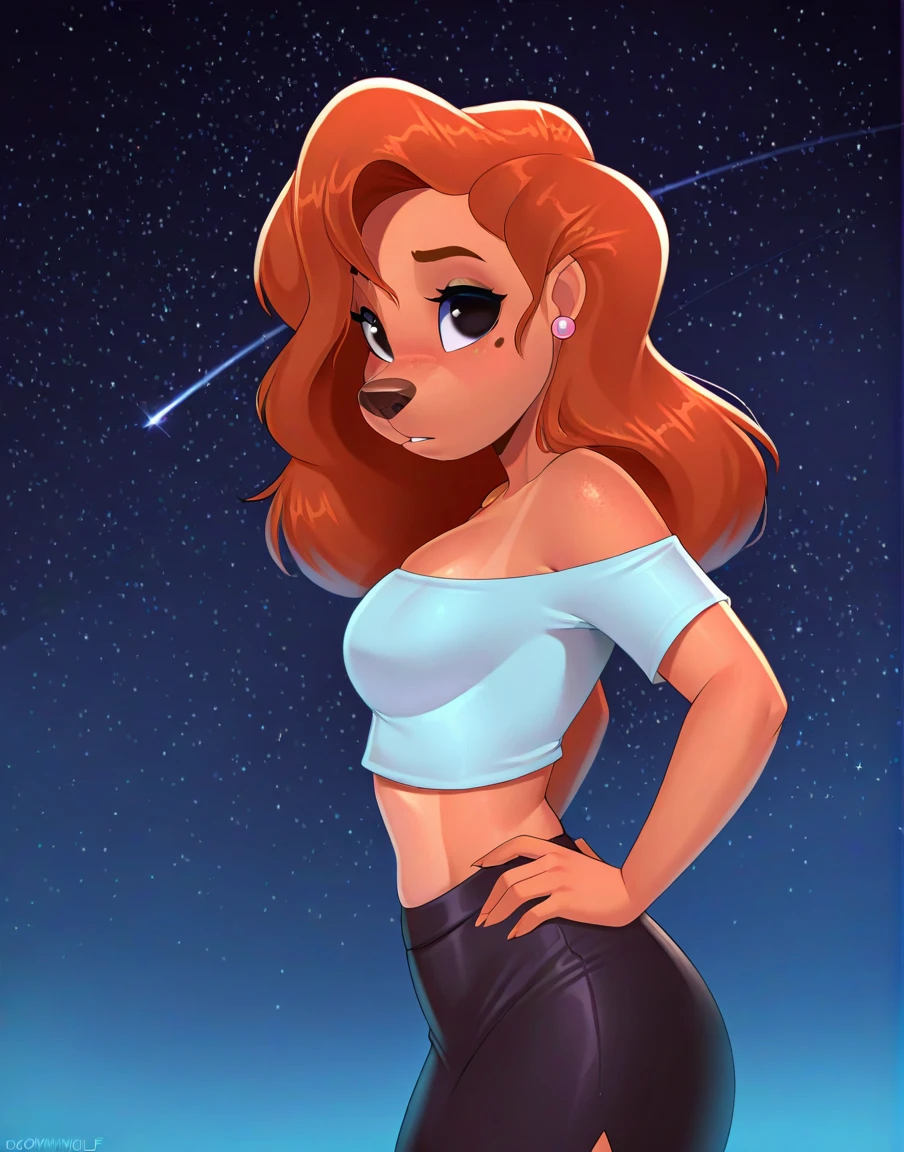 masterpiece, best quality, amazing quality, absurdres, solo, starry sky,
roxannerover, female, tan body, black eyes, brown hair, beauty mark, ear piercing, crop top, pencil skirt, looking at viewer, side view, , hands on hips,
by doomthewolf, <lora:RoxanneXL_023-Illus-nd32-na64-lr1-b2-ep16:1>