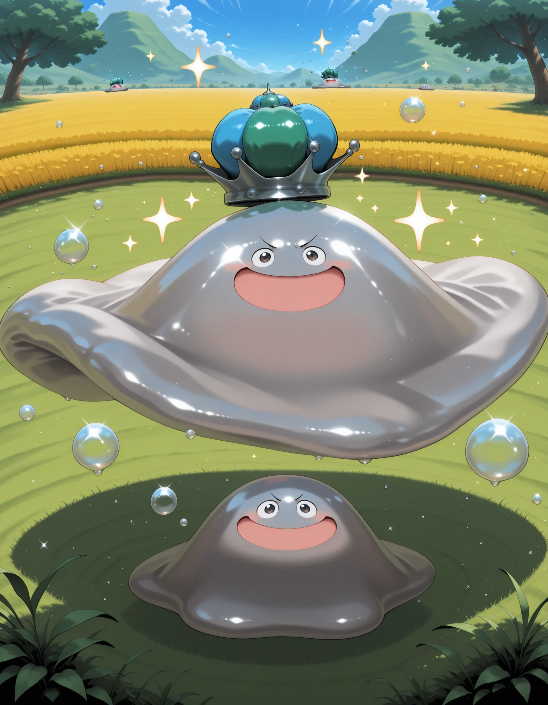 masterpiece,extreme detailed,day,outdoors,field BREAK 2others,no humans,no_legs,hagureking,crown,:D,slime \(creature\),sparkle,bubble,doyagao,floating,v-shaped eyebrows,
masterpiece,extreme detailed,day,outdoors,field BREAK 2others,hagurin,no human,no legs,:D,slime \(creature\),bubble,<lora:hagurin-ILv2:1>,