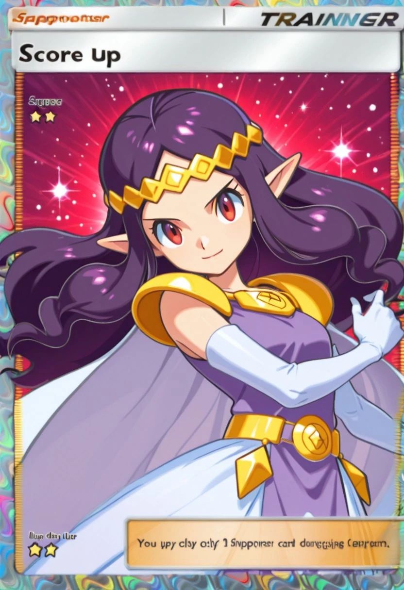 1mpR3nn3r, score_9, score_8_up, score_7_up, score_6_up, masterpiece, best quality, very awa,
Pkmn_pkt, card \(medium\), red background, Purple background,
upper body, portrait, dynamic angle, dynamic pose,
1girl, solo, light smile,
Princess hilda,
red eyes, pointy ears, long hair, purple hair, white elbow gloves, purple dress, white skirt, white cape, tiara, gold shoulder armor,