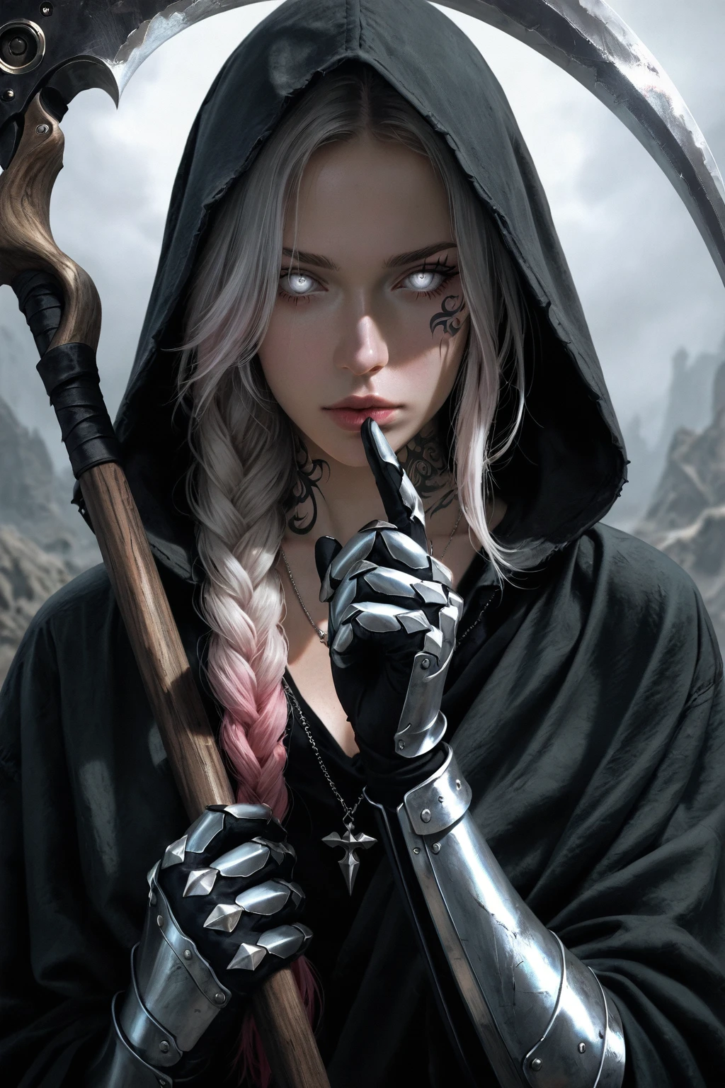 masterpiece, best quality, amazing quality, very aesthetic, high resolution, ultra detailed, perfect details, realistic, photorealistic, BSS_RSGRL, 1girl, solo, long hair, looking at viewer, gloves, holding, closed mouth, jewelry, upper body, white hair, pink hair, grey hair, braid, weapon, multicolored hair, hand up, hood, dark skin, holding weapon, necklace, two-tone hair, grey eyes, lips, single braid, gradient hair, tattoo, makeup, glowing, facial mark, gauntlets, hair over shoulder, side braid, cloak, glowing eyes, hood up, finger to mouth, asymmetrical hair, serious, nose, realistic, scythe, white eyes, facial tattoo, hooded cloak, neck tattoo