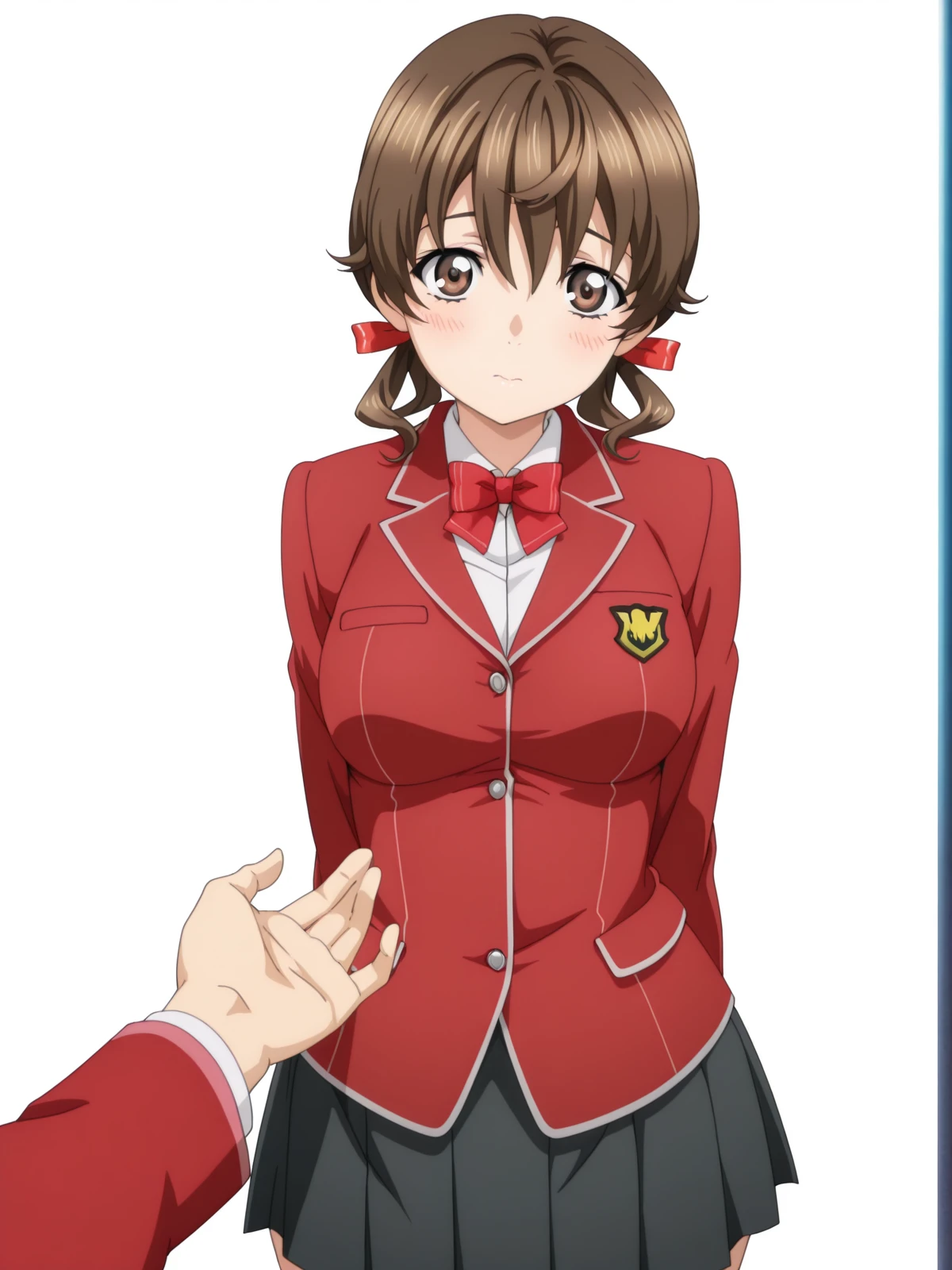 masterpiece, best quality, amazing quality,, <lora:hare-menjou-s1-illustriousxl-lora-nochekaiser:1>, hare menjou, brown hair, twintails, brown eyes, ribbon, hair ribbon, short twintails, mature female, medium breasts, anime screencap, skirt, bow, jacket, pleated skirt, bowtie, blazer, red blazer, red bowtie, black skirt,, <lora:stroking-anothers-chin-pov-illustriousxl-lora-nochekaiser:1>, stroking another's chin pov, stronking another's chin, pov, pov hands, blush, cowboy shot, ferris wheel, lights, high, view, rotating, cowboy shot, solo, looking at viewer, <lora:transparent-background-illustriousxl-lora-nochekaiser:1>, transparent background, simple background, white background