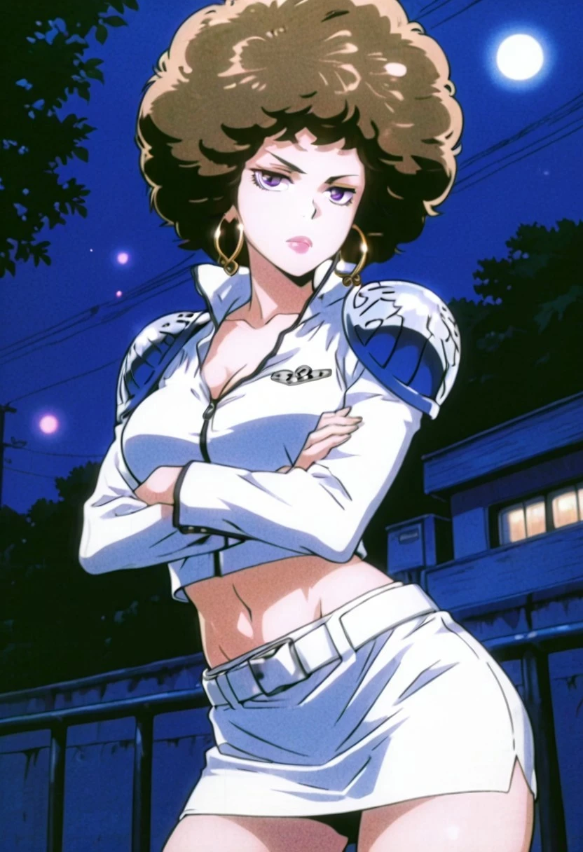 IrisHepburnKHR, 1girl, solo, afro, light brown hair, big hair, purple eyes, large hoop earrings, full lips, pink lips, larger bust, white crop top, cleavage, shoulder pads, white spell uniform, navel, midriff, groin, white belt, white short skirt, large but,  thick thighs, long sleeves, jewelry,
masterpiece, best quality, fine details, intricate details, depth of field, subsurface scattering, bokeh, ultra-detailed, very aesthetic, detailed background, newest, scenery, highres, absurdres, colorful, vibrant, glowing, perfect face, 2d, perfect eyes,  vibrant saturated colors, volumetric lighting, sharp, detailed eyes, perfect anatomy,  perfect face, perfect eyes, mature body, clear eyes, beautiful eyes, athletic, curvy body, athletic girl, perky tits, perfect tits, round breasts, pinup pose, teasing, lustful expression, perfect hands, 
muscular female, dutch angle,  dynamic pose,
perspective, confident, annoyed, looking at viewer, leaning on guardrail, contrapposto, crossed arms, low leg, low-rise, office, night, outdoors, cowboy shot, (from below, :1.2), refined, retro
,Smooth Negative, Smooth_Quality, 
90s_melancholy, retro,