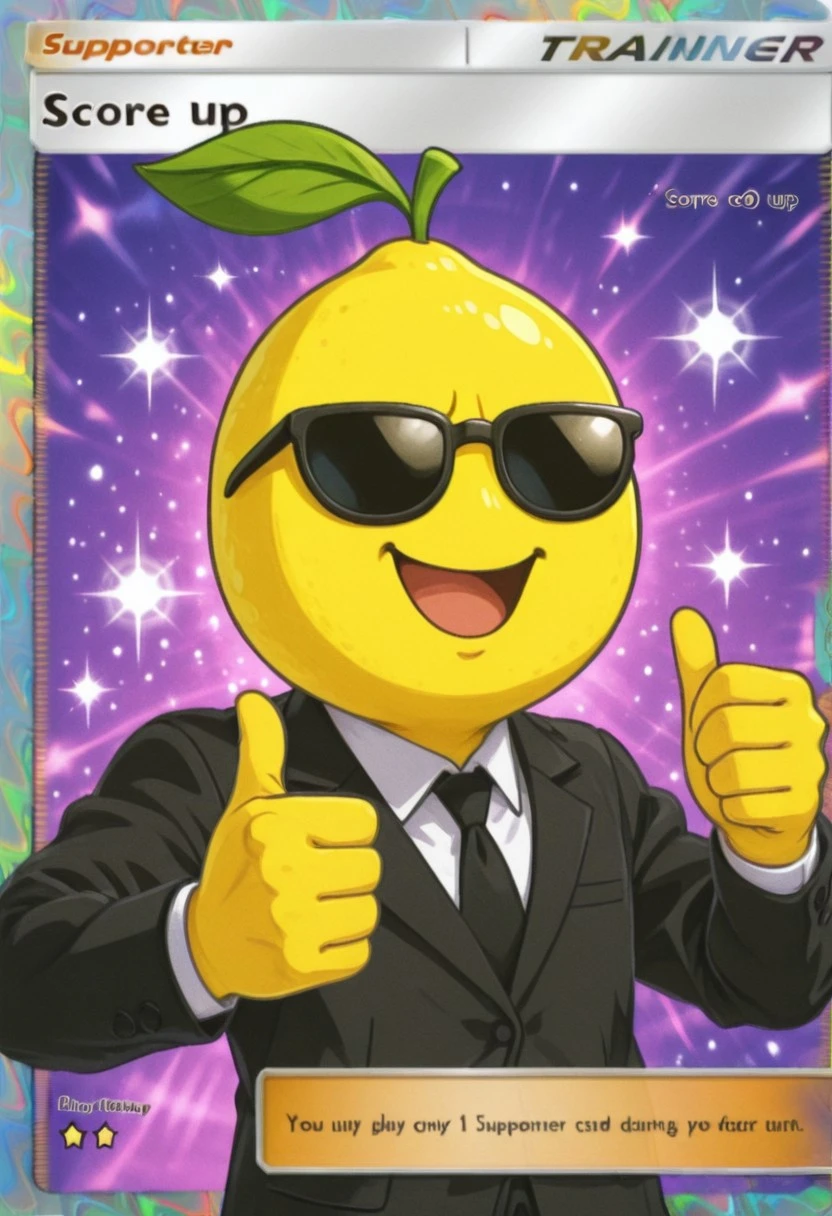 CitronLegacy, score_9, score_8_up, score_7_up, score_6_up, masterpiece, best quality, very awa,
Pkmn_pkt, card \(medium\), purple background, Character name,
upper body, portrait, dynamic angle, dynamic pose,
1boy, solo, light smile,
CitronLegacy, sunglasses, smile, open mouth, shirt, long sleeves, jacket, white shirt, necktie, collared shirt, black jacket, formal, sunglasses, suit, black necktie, thumbs up,