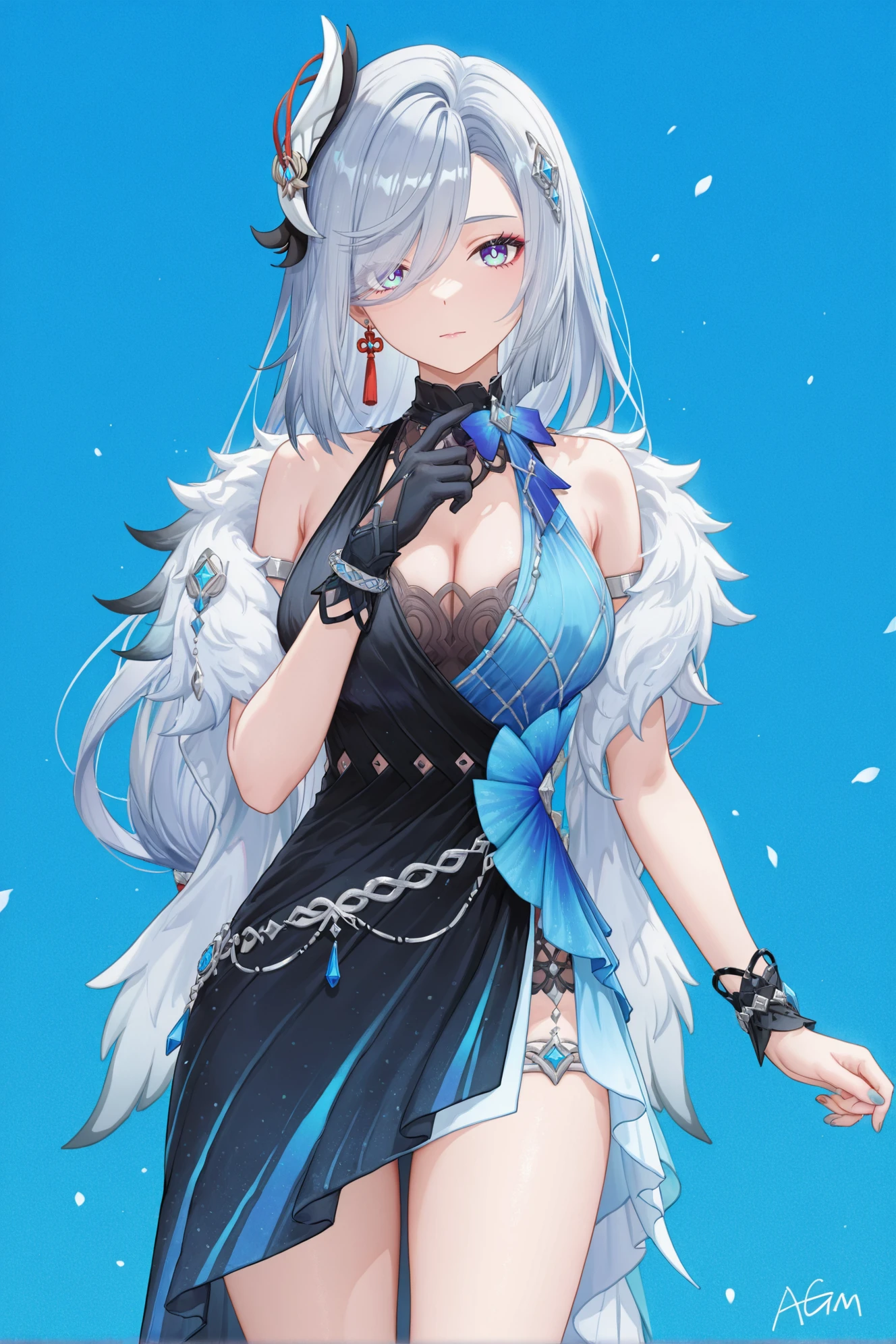 masterpiece,best quality,((artist:reoen),(artist:fuzichoco),(artist:atdan),(artist:torino_aqua:0.5),year 2024:0.5),(artist:omone_hokoma_agm:0.8),
shenhe \(genshin impact\),grey hair,long hair,hair ornament,
<lora:yela_newc-noob-Tanger:0.9>,
clothes: yelanew blue-and-black dress,yelanew alternate costume,1girl,yelanew single glove,jewelry,bracelet,sleeveless,yelanew fur trim,
jijia,2d,anime,1girl,breasts,solo,looking at viewer,large breasts,simple background,blue background,cowboy shot,closed mouth,thighs,
