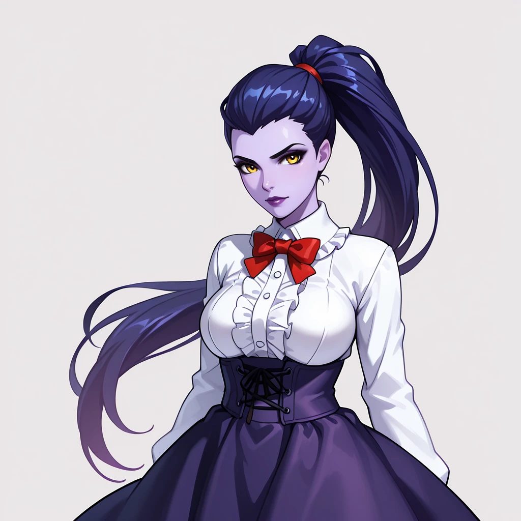 <lora:WidowMaker_illustrious_v1:.8> WidowMaker, 1girl, widowmaker (overwatch), solo, medium breasts, purple skin, colored skin, yellow eyes, hair pulled back, ponytail, long hair, purple hair, purple lips, makeup, cowboy shot,  <lora:virgin-killer-outfit-illustriousxl-lora-nochekaiser:1> virgin killer outfit, meme attire, high-waist skirt, center frills, frilled shirt, underbust, aran sweater, frilled shirt collar, red bowtie, frills, skirt,