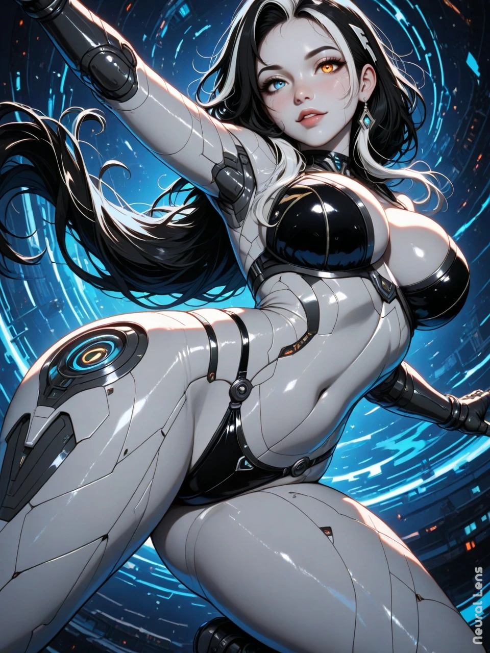 masterpiece, best quality, very aesthetic, absurdres, newest, detailed, depth of field, high detail, dynamic pose, dynamic angle, adult, aged up, android, white skin, long hair, black hair with white highlights, heterochromia eyes, digital eyes, black bikini armor, action shot, action pose, dynamic lighting, science fiction theme masterwork
