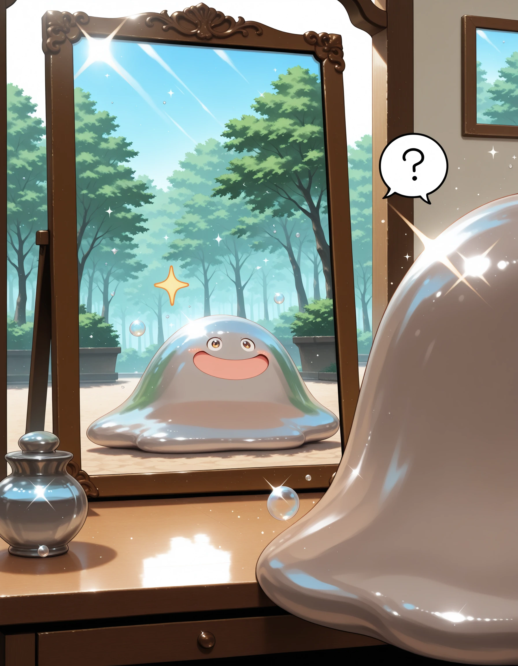 masterpiece,extreme detailed,day,indoor BREAK 1other,solo,hagurin,no human,no legs,:D,slime \(creature\),bubble,<lora:hagurin-ILv2:1>,sparkle,mirror,looking at mirror,spoken question mark,
