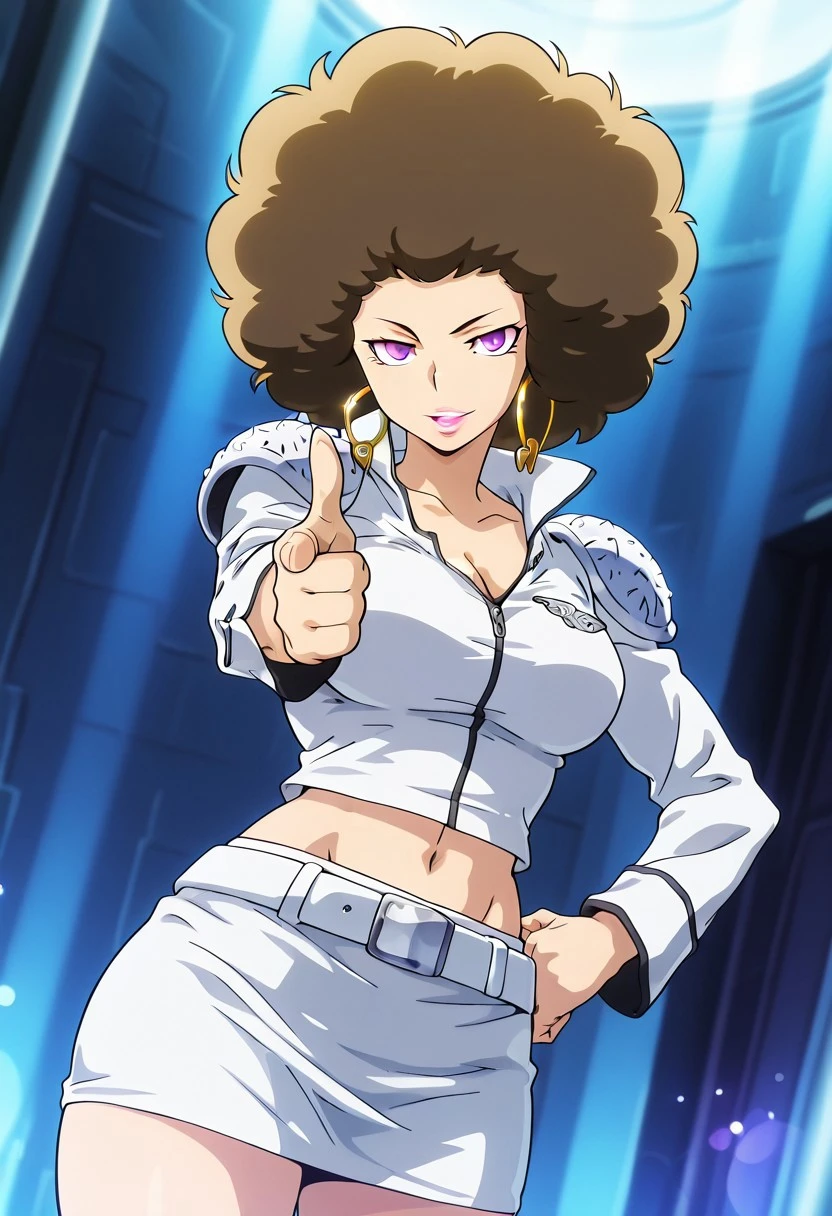 IrisHepburnKHR, 1girl, solo, afro, light brown hair, big hair, purple eyes, large hoop earrings, full lips, pink lips, larger bust, white crop top, cleavage, shoulder pads, white spell uniform, navel, midriff, groin, white belt, white short skirt, large but, thick thighs, long sleeves, jewelry,
masterpiece, best quality, fine details, intricate details, depth of field, subsurface scattering, bokeh, ultra-detailed, very aesthetic, detailed background, newest, scenery, highres, absurdres, colorful, vibrant, glowing, perfect face, 2d, perfect eyes, vibrant saturated colors, volumetric lighting, sharp, detailed eyes, perfect anatomy, perfect face, perfect eyes, mature body, clear eyes, beautiful eyes, athletic, curvy body, athletic girl, perky tits, perfect tits, round breasts, pinup pose, teasing, lustful expression, perfect hands,
muscular female, dutch angle, dynamic pose,
hand forward, finger gun gesture, aiming at viewer, hand on own hip, head tilt, happy, giggling, voluptuous, covered nipples
,Smooth Negative, Smooth_Quality,
dark_fantasy_style, dark fantasy, retro,