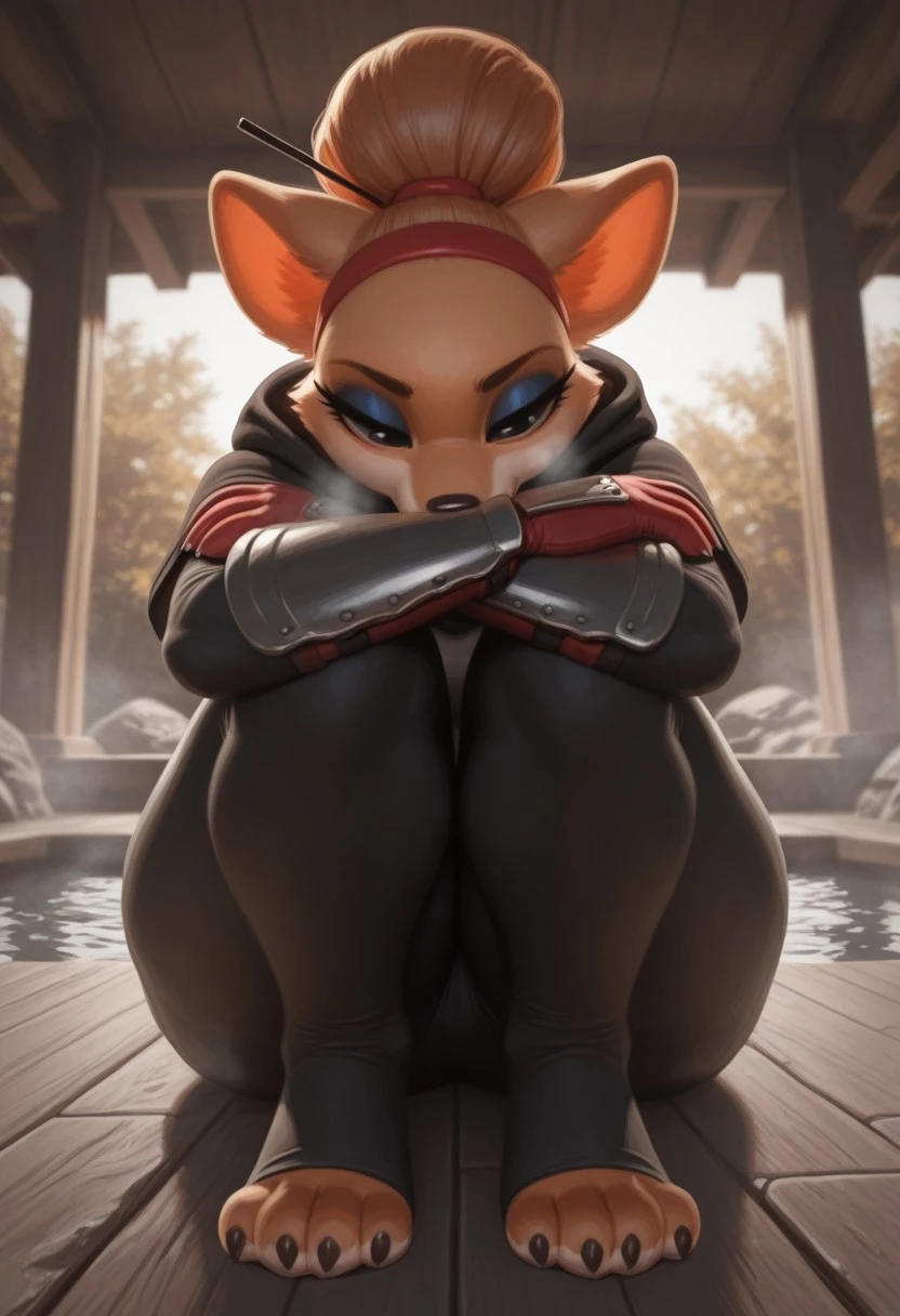 patacon, masterpiece, best quality, newest, absurdres, highres, undershirt, black bodysuit, hair stick, hugging knees, gauntlets, eyeshadow, red gloves, two sides up, black capelet, red hairband, black eyes, 1girl, solo, furry, furry female, anthro, paws, pawpads, claws, visible breath, dynamic angle, foreshortening, smell, steam, onsen, water, toeless legwear,