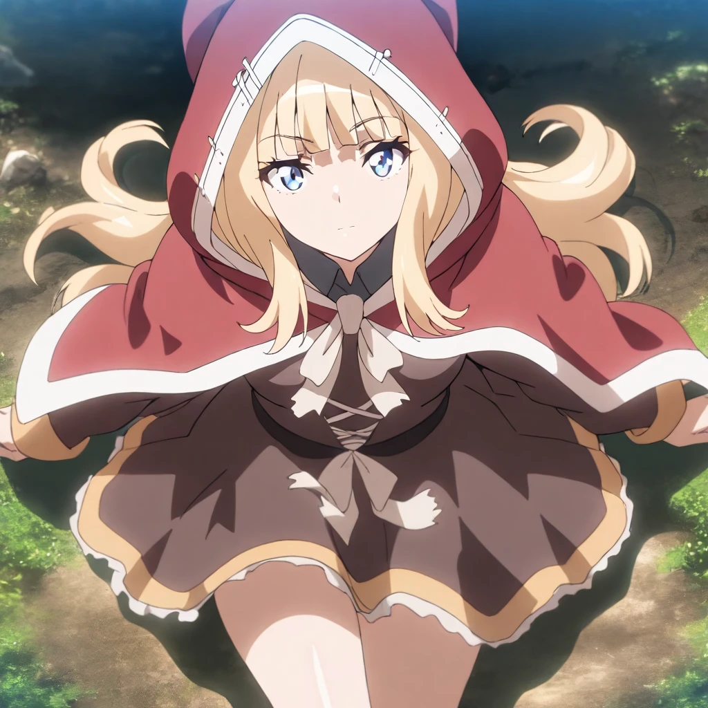 solo,masterpiece,high score,great score,absurdres,cowboy_shot,anime coloring,looking at viewer,<lora:Anvil_Goblin'sLair ag4o:1> anvil, blonde hair, long hair, blue eyes,dress,red hood,bare legs,