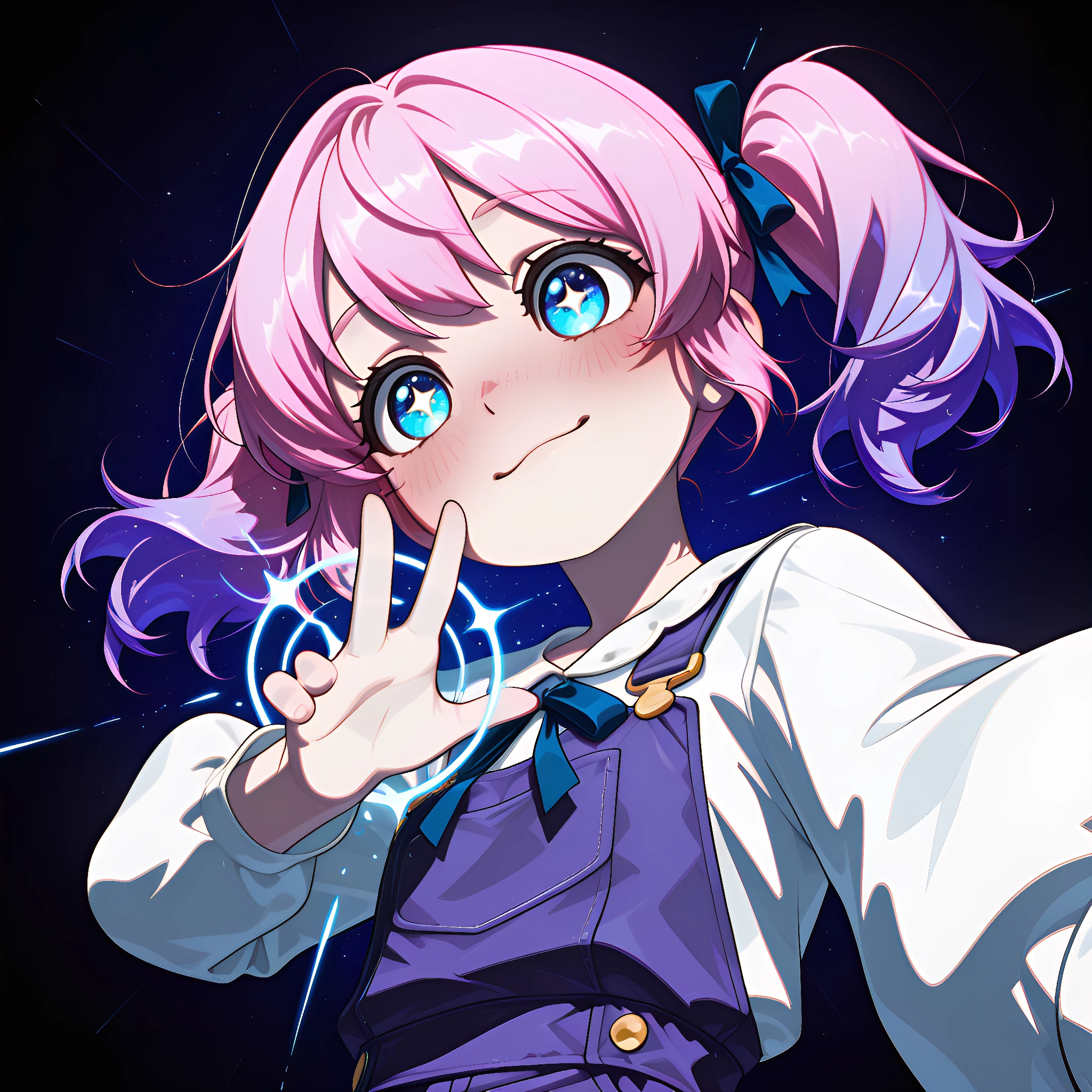 pearlystyle, dynamic pose, foreshortening, extreme perspective lazypos, flat colors, 2d, (cel_shading:1.25), bleak_ambiance, BREAK in center, solo, upper body, laughing joyfully, BREAK a cute girl with a close-up focus on her face, bright expressive big eyes full of wonder, soft pink twin ponytails tied with ribbons, smooth skin with a gentle blush on her cheeks, a small playful smile on her lips, the background a colorful vortex of magic swirling with glowing hues of pink blue purple and gold, sparkling particles and mystical light weaving through the air, the magical energy casting a soft radiant glow on her face, the overall scene enchanting and otherworldly with a dreamy fairytale atmosphere <lora:Pearly_style__Illustrious:1.00> <lora:DynamicPoseIL2att_alpha1:0.50>