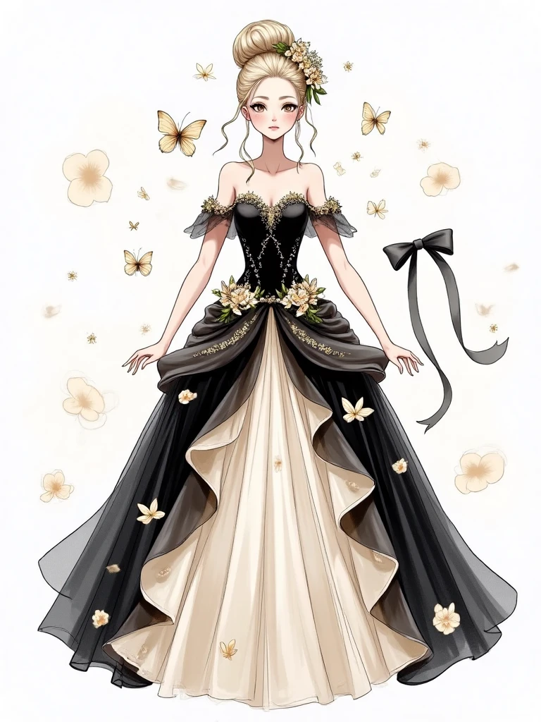E_style,This is a design drawing of an elegant gown. The dress features a strapless, sweetheart - neckline bodice in black, adorned with delicate embellishments. It has off - the - shoulder sleeves decorated with soft, light - colored flowers. The skirt combines black and light - colored fabrics, with layers of flowing materials. There are bows, butterflies, and floral patterns adding a romantic and whimsical touch. A matching accessory with a bow and flowers is also shown, complementing the overall design.