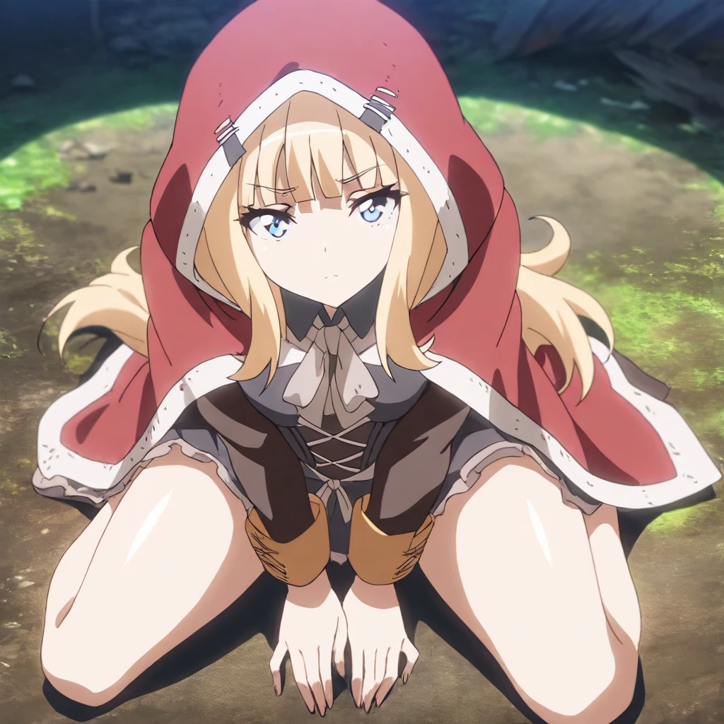 solo,masterpiece,high score,great score,absurdres,anime coloring,looking at viewer,<lora:Anvil_Goblin'sLair ag4o:1> anvil, blonde hair, long hair, blue eyes,dress,red hood,bare legs,