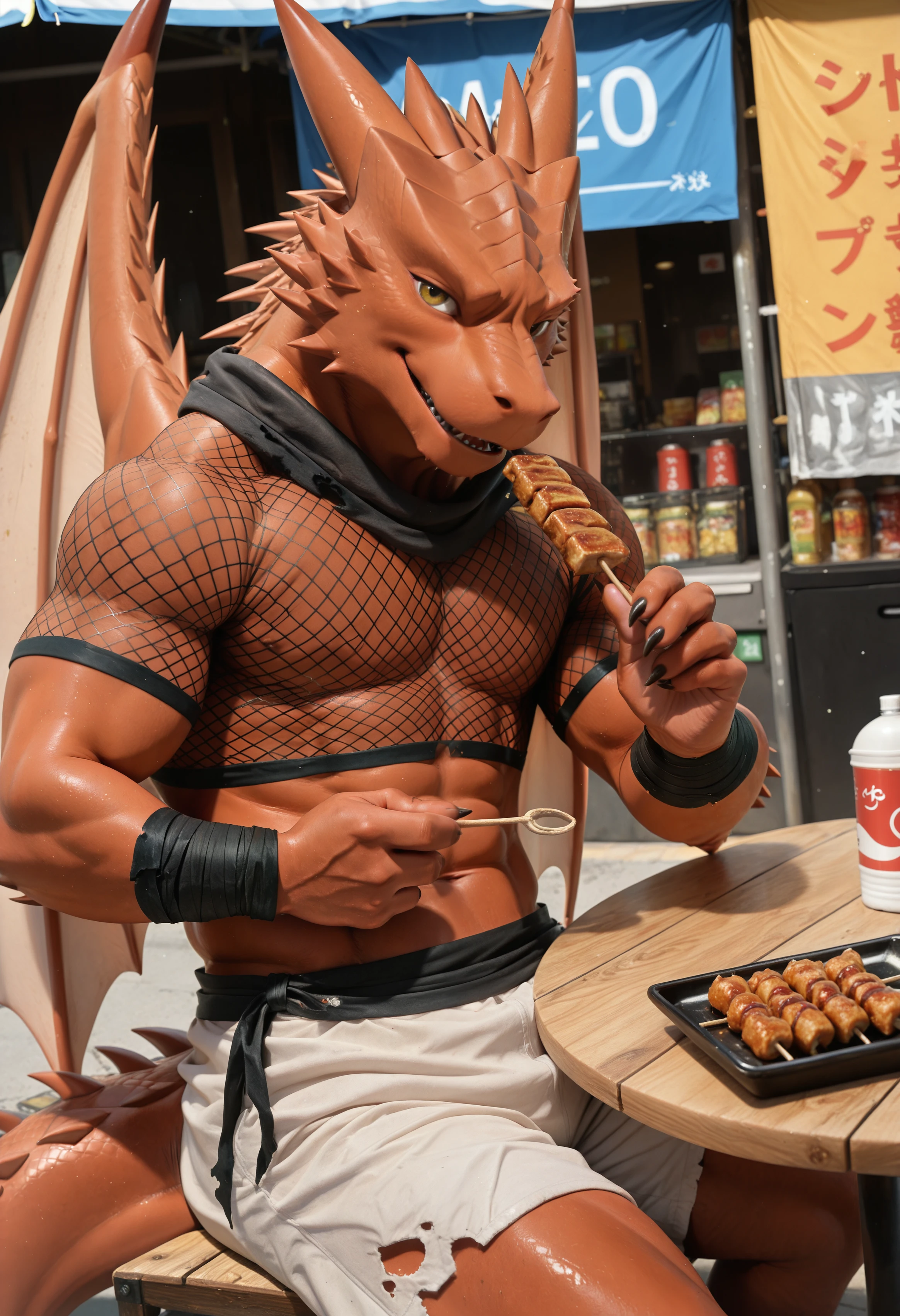 (masterpiece, best quality, very aesthetic, newest, 2024:1.2), (photorealism, photorealistic:1.2), hi res,   dutch angle, rag0o_lar0nt_nek0jishi, dragon, scalie, male focus, wings, tail, furry, furry male, 1boy, cloth wraps, bara, solo, fishnet top, dragon boy, (white shorts:1.15), torn clothes, looking at viewer, street food market, sitting at table holding meat skewer, playful, looking at viewer, medium shot, high detail  <lora:noobReal-V2.1:0.45> <lora:Ragoo_Laront_Nekojishi_Illustrious:1>