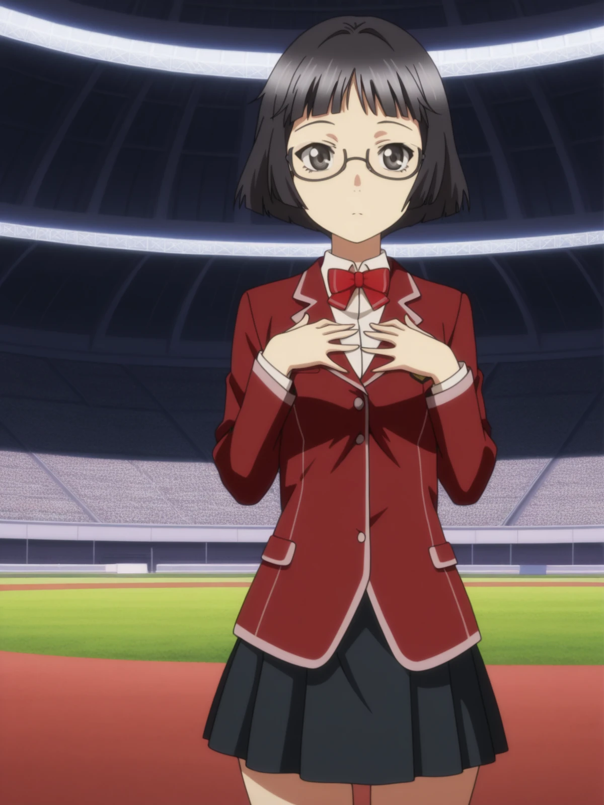 masterpiece, best quality, amazing quality,, <lora:kanon-kusama-s1-illustriousxl-lora-nochekaiser:1>, kanon kusama, short hair, black hair, glasses, black eyes, mature female, small breasts, anime screencap, skirt, bow, jacket, pleated skirt, bowtie, blazer, red blazer, red bowtie, black skirt,, hands on own chest,, stadium, seats, field, game, large, cowboy shot, solo, looking at viewer,