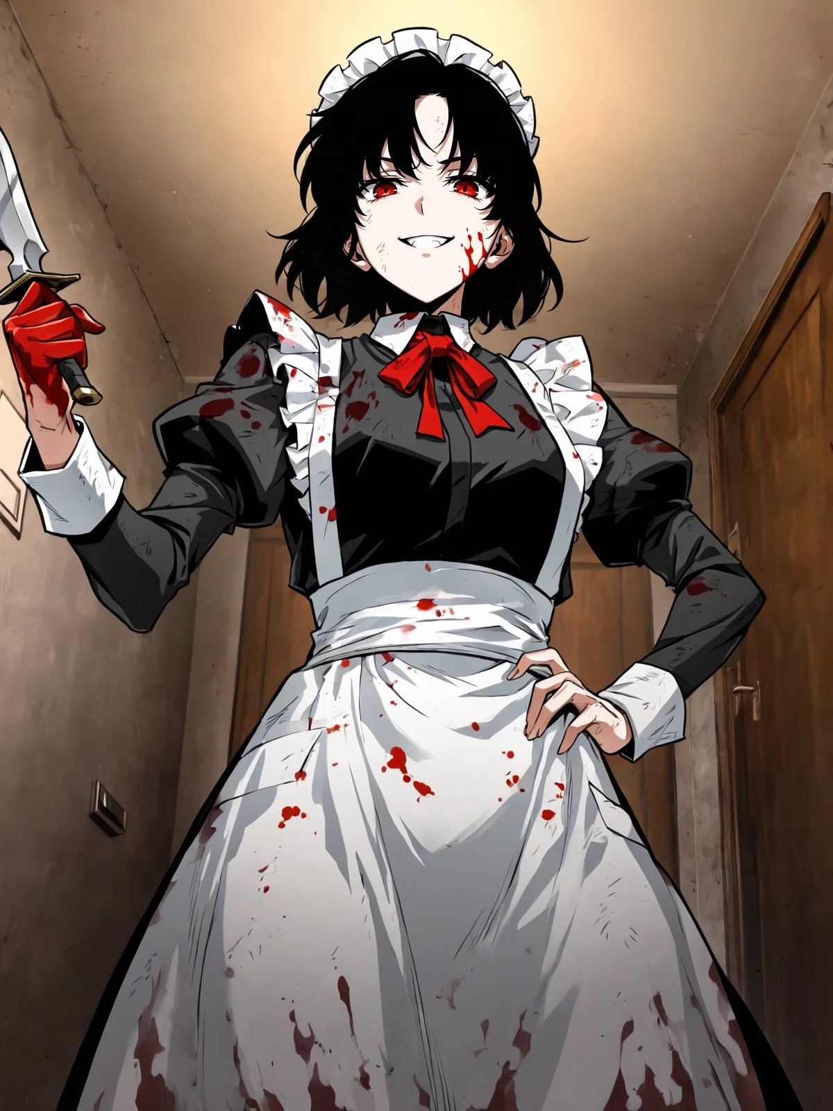 (1girl:1.1),(maid:1.2),cowboy shot,looking at viewer,potrait,<lora:Omniscient_Reader_rank16_fp16>,omn1sc1entr3ad3r,epic,detailed background,smug,aesthetic,(blood:1.2),villain pose,apartment,blood on face,blood on clothes,open door,indoors,knife in one hand,from below,, best quality,high quality,extremely detailed,8K HD,Subsurface scattering,epic,hdr,intricate details,8k,(hyperdetailed:1.2),(vivid colors:1.2),better shadows,, ( pose:1.2), ( compostion:1.2),