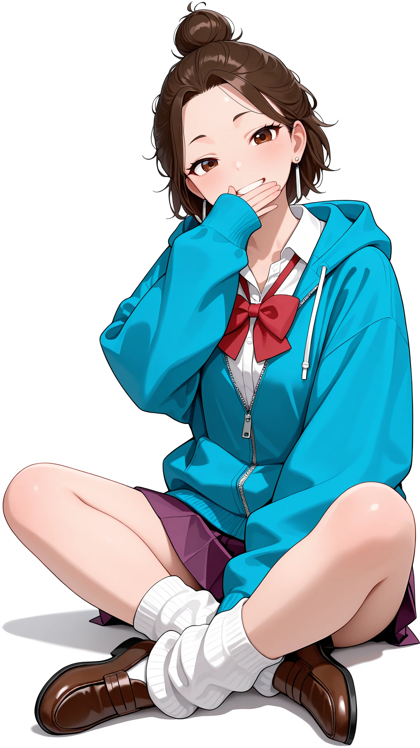 <lora:Miko - Dandadan (NoobAI):1>
1girl, solo,
m1ko, brown hair, short hair, brown eyes, single hair bun, earrings,
white shirt, school uniform, red bowtie, miniskirt, blue hoodie, hood down, sleeves past wrists, pleated skirt, purple skirt, unzipped, white leg warmers, brown footwear,
indian style, sleeves past wrists, hand over mouth, head tilt, grin,
hand on knee, no shoes,, masterpiece, newest, absurdres, best quality, amazing quality, very aesthetic, ultra-detailed, highly detailed,, (simple background, white background:1.1),