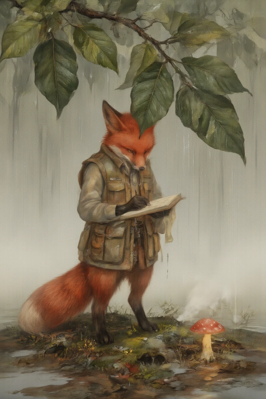 <lora:shurochka:1>, 3. Shurochka the Keeper â In the Heart of the Storm
A red fox stands under a broad rhododendron leaf, sheltered from a gentle rain. Her fur is slightly damp, but her focus is unbroken. She wears a practical vest, one paw holding a notebook protected by a waxed cloth, the other gripping a pencil. She writes intently, ignoring the droplets around her. Around her: puddles forming on the moss, a single glowing mushroom, the hush of the forest in the rain. Background: a quiet woodland during a soft downpour, mist rising from wet roots. Style: whimsical childrenâs book illustration, soft watercolor textures, warm lighting. Mood: steadfast, calm, quietly resilient.