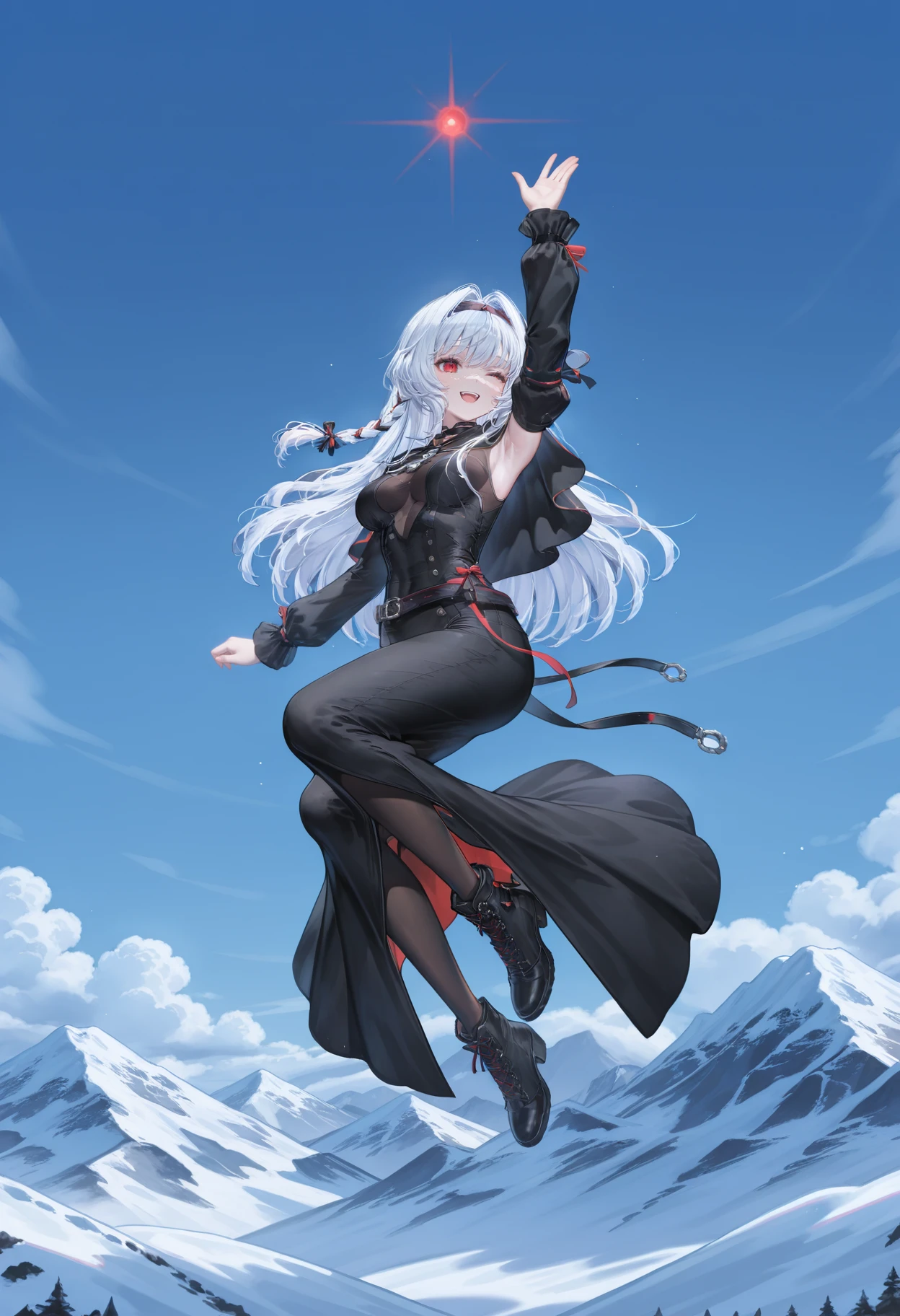 HDR,8K,high contrast,masterpiece,best quality,amazing quality,very aesthetic,high resolution,ultra-detailed,absurdres,photorealistic,volumetric lighting,dramatic shadows,cinematic lighting,
<lora:æ®éè¥¿æ:0.9>,
braid,hair intakes,long hair,red eyes,white hair,
optional clothing tags clothes: diyitaopulixila,(diyipuli black ankle boots),diyipuli black belt,diyipuli black capelet,diyipuli choker,diyipuli black taut long dress,diyipuli black hairband,diyipuli black boots,diyipuli brown pantyhose,diyipuli detached sleeves,diyipuli balck and red hair ribbon,
outdoors,mountain,snow mountain top,mountain cap cloud,wide_shot,(((low angle:1.2))),from_side,jumping,arm_up,bend legs,(huge mountain:1.2),;d,