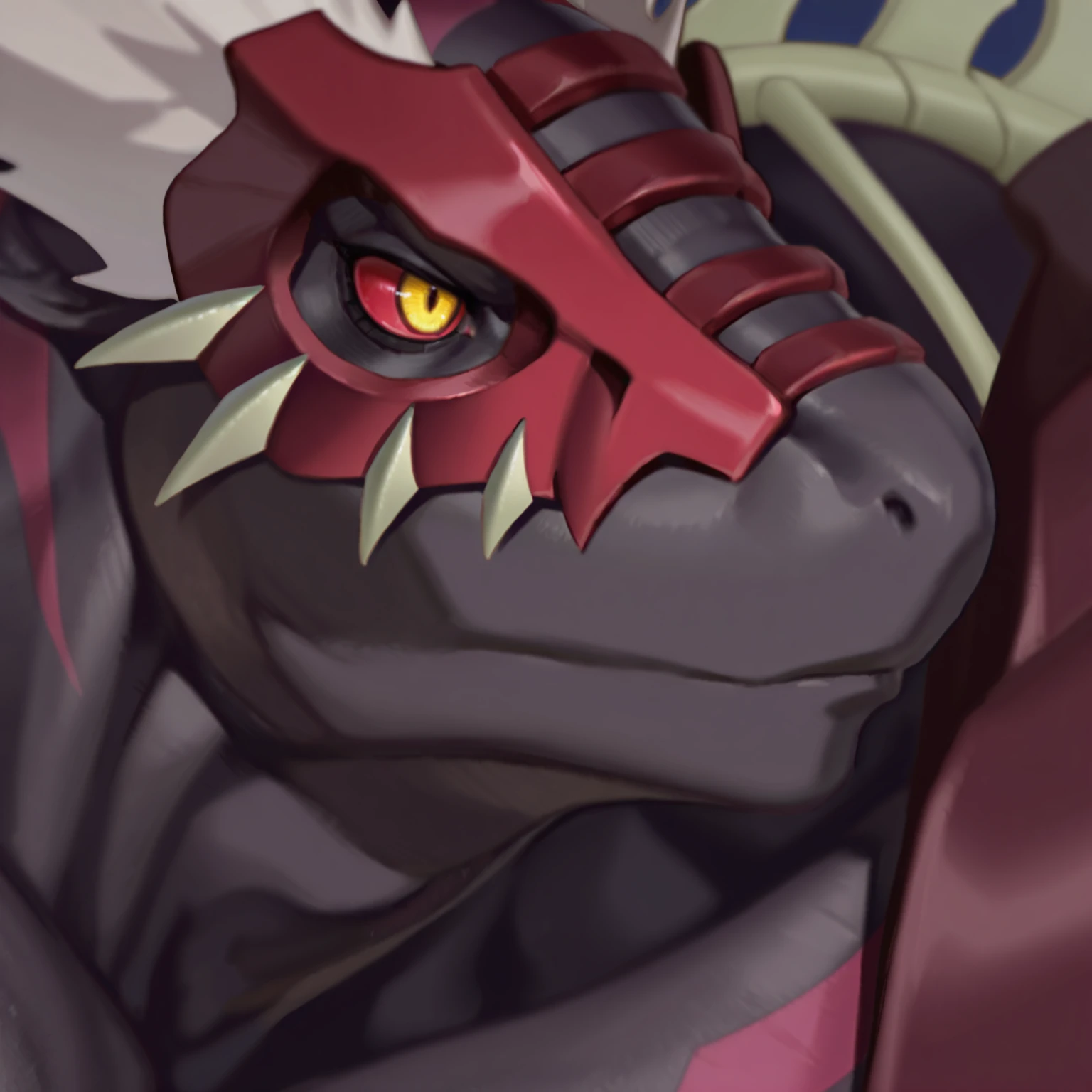 masterpiece, best quality, perfect quality, score_9, score_8, detailed anatomy, perfect anatomy, 1boy, male, solo, no_humans,KTWR3XT1E,red sclera,yellow eyes,sleeveless open jacket,mask,skeleton pauldrons,wrestling mask, close_up, frown, 3/4 angle view, side view, simple background,r4cc00n212