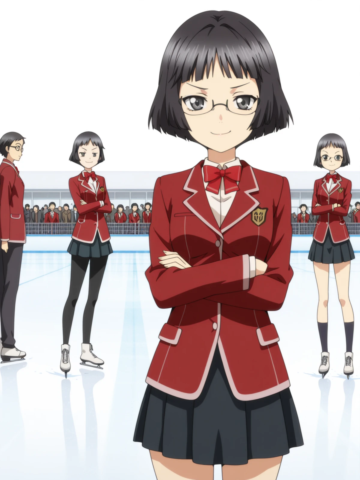 masterpiece, best quality, amazing quality,, <lora:kanon-kusama-s1-illustriousxl-lora-nochekaiser:1>, kanon kusama, short hair, black hair, glasses, black eyes, mature female, small breasts, anime screencap, skirt, bow, jacket, pleated skirt, bowtie, blazer, red blazer, red bowtie, black skirt,, crossed arms, smug, skating rink, ice, people, winter, fun, cowboy shot, solo, looking at viewer, <lora:transparent-background-illustriousxl-lora-nochekaiser:1>, transparent background, simple background, white background