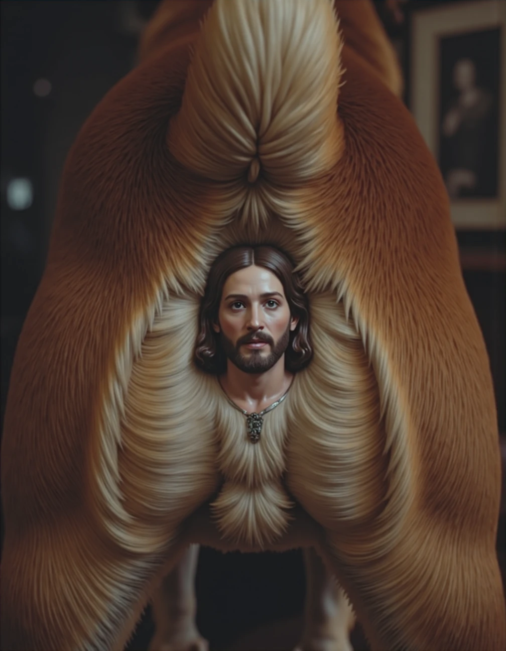 an 8K cinematic photograph, the face of Jesus Christ emerging out of a canine's ., UHD, ultra detailed, beautiful lighting, great composition