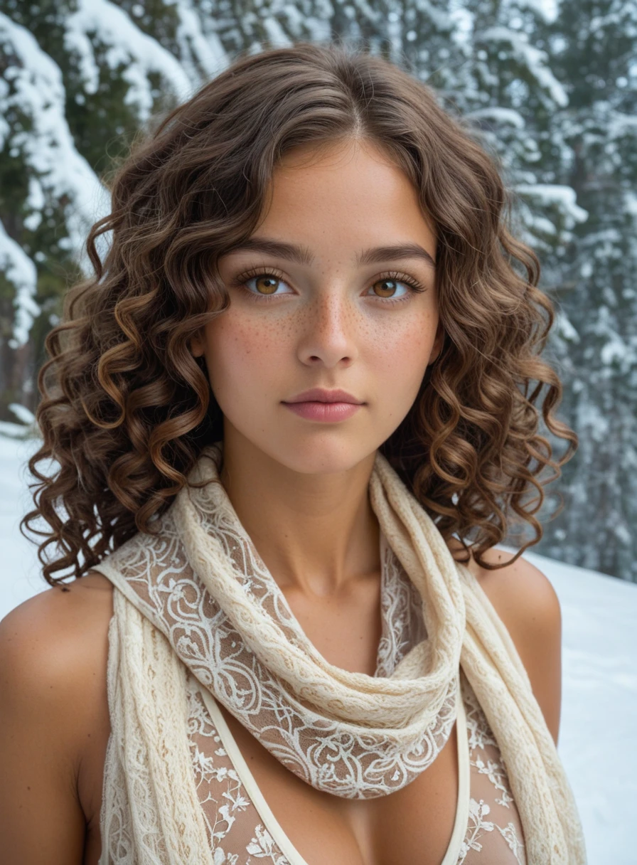 A biracial woman around 22 with a lean athletic frame, medium tan skin with warm undertones, curly dark brown hair cropped to the jawline, amber brown eyes and soft freckles across the shoulders. She wears a sheer scarf draped over the shoulders exposing the collarbone and a hint of décolletage, modestly covered beneath, the fabric catching dawn light. The background features a misty alpine gorge with shimmering ice formations and a faint aurora overhead, all in an Art Nouveau inspired painterly style with smooth lines and a soft glow. A companion present as a quiet supportive presence in the scene.