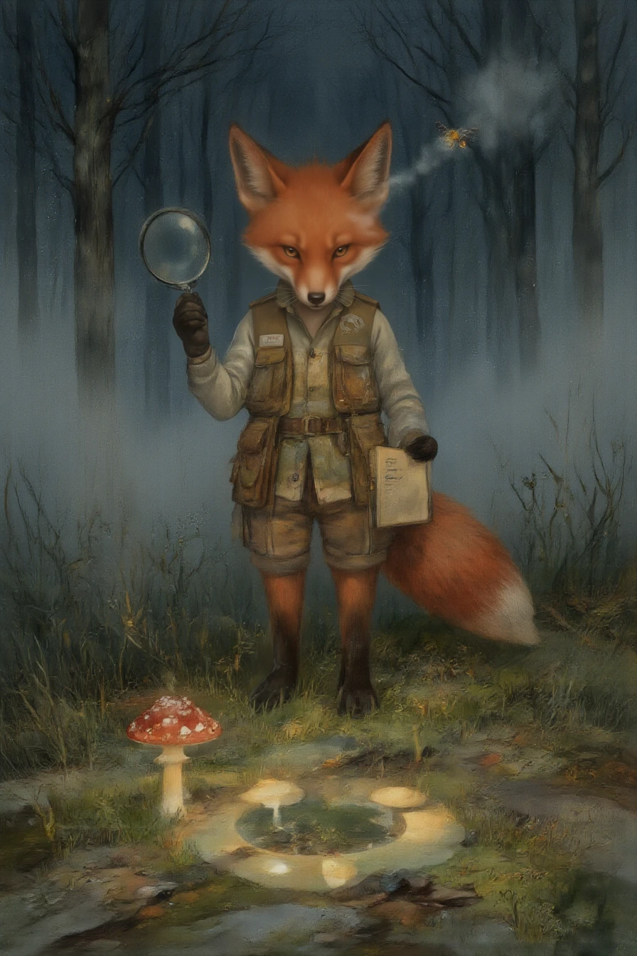 <lora:shurochka:1>, 5. Shurochka the Seeker â At the Edge of the Unknown
A red fox stands at the border of a misty meadow, one paw lifted as if testing the air. She wears her practical vest, a magnifying glass in one paw, a notebook tucked under the other. Her ears are perked forward, her eyes sharp with curiosity. Before her, a ring of glowing mushrooms pulses faintly, casting soft light on the grass. Around her: dewdrops on blades of grass, a single moth circling the light. Background: twilight forest, the boundary between the known and the mysterious. Style: whimsical childrenâs book illustration, soft watercolor textures, warm lighting. Mood: curious, cautious, ready for discovery.