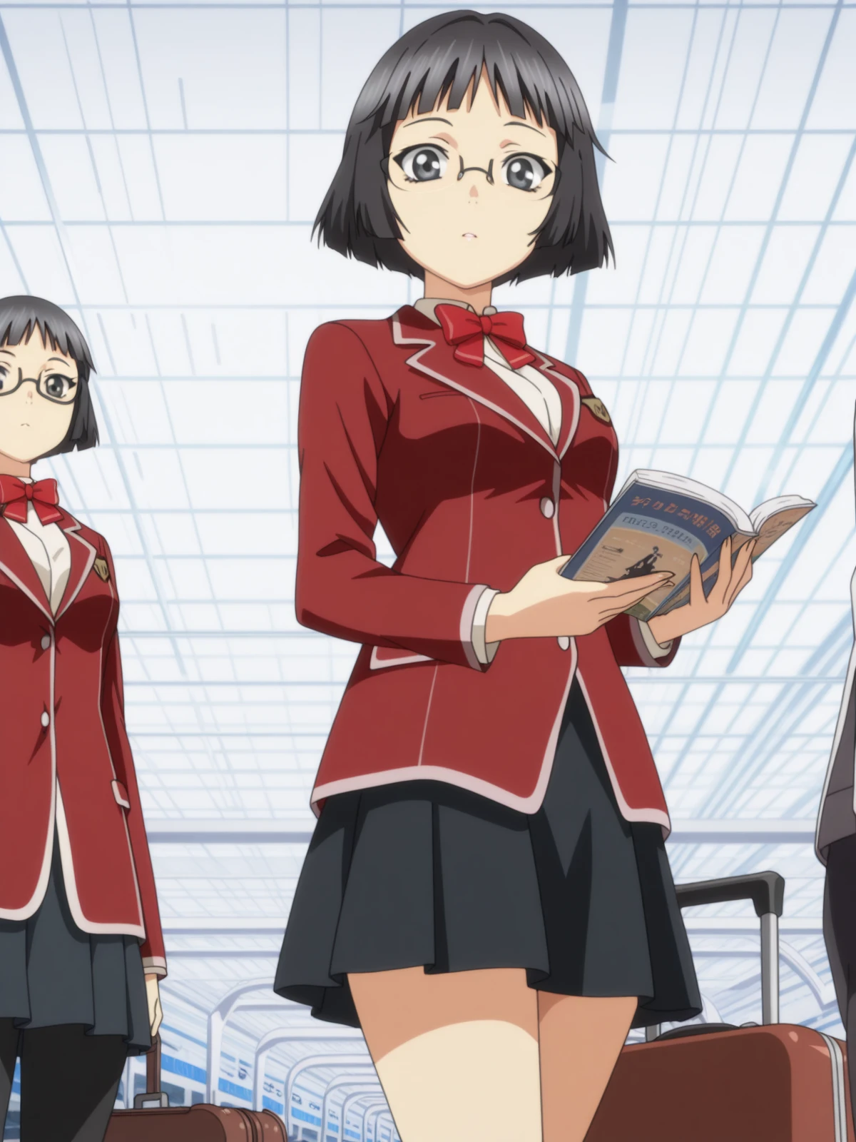 masterpiece, best quality, amazing quality,, <lora:kanon-kusama-s1-illustriousxl-lora-nochekaiser:1>, kanon kusama, short hair, black hair, glasses, black eyes, mature female, small breasts, anime screencap, skirt, bow, jacket, pleated skirt, bowtie, blazer, red blazer, red bowtie, black skirt,, from below, airport, waiting area, suitcase, flight delayed, passengers, reading book, cowboy shot, solo, looking at viewer, <lora:transparent-background-illustriousxl-lora-nochekaiser:1>, transparent background, simple background, white background