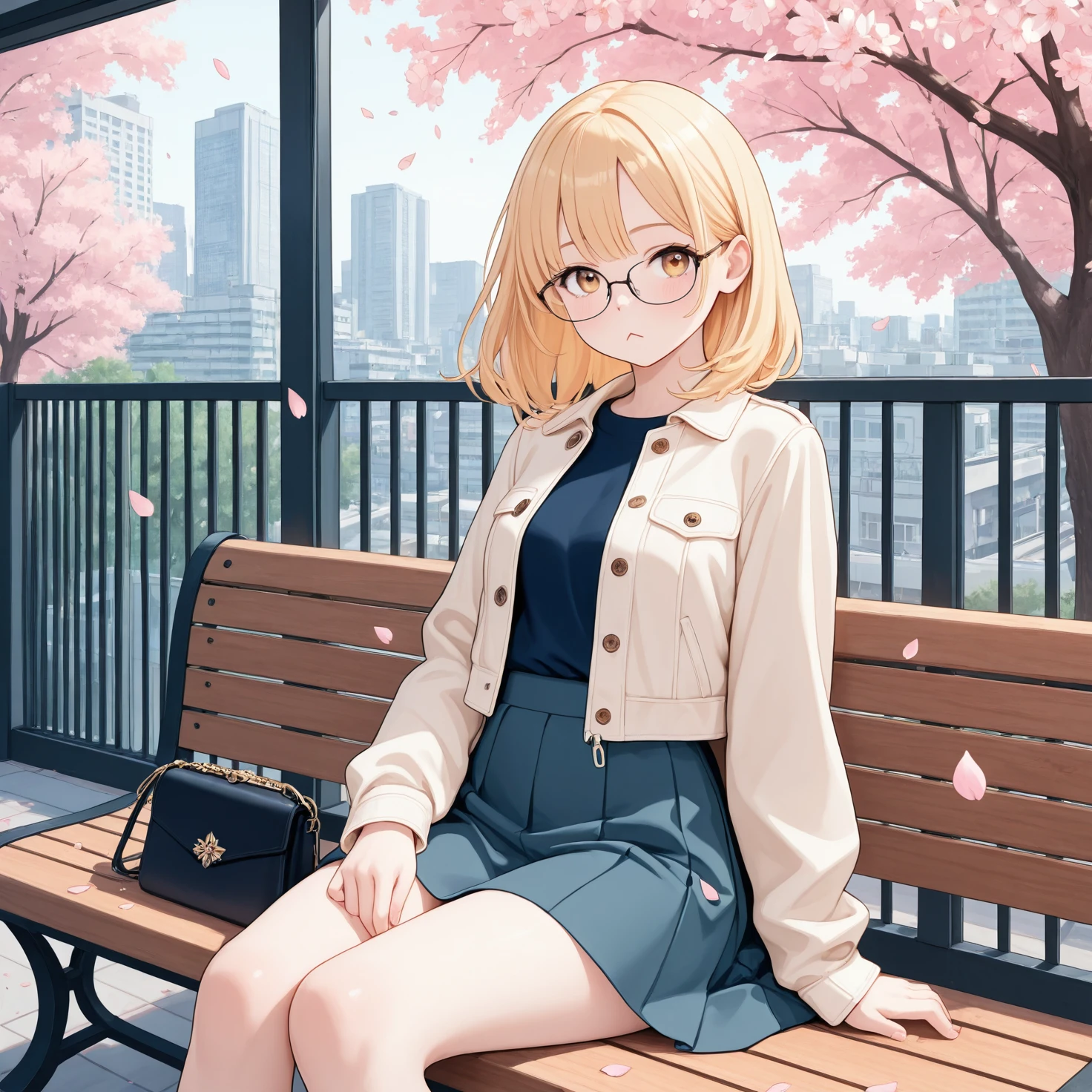 masterpiece, best quality, very absurdres, detailed linework, 1girl, jacket, skirt, purse, sitting on bench, flowers, city apartment, blond hair, glasses, light blush, :<, sakura petals, trees,