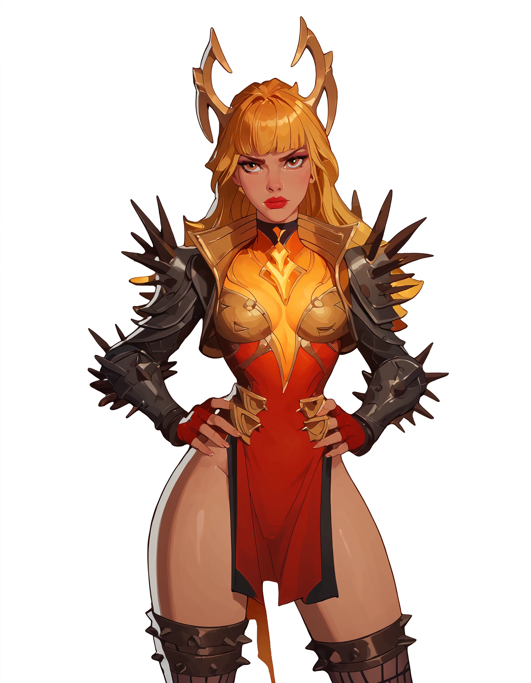 <lora:Disney_Style:1> <lora:Disney_Animation_Pony_v1:0.1> <lora:princess_xl_v2:.75> <lora:add-detail-xl:.9> <lora:g0th1cPXL:.3> <lora:Cherry-Gig:.45> <lora:Expressive_H:1> <lora:PLASTT_PonyV6:1> score_9, score_8_up, score_7_up, zPDXL, (DisneyRenstyle), score_9,score_8_up,score_7_up,score_6_up,
1girl, solo, (((Magik, Standing, Phoenix Demon Outfit, 3/4 view, ambient light, white background, plain background)))
(((blonde, red hair, fringe, bangs))), gold crown, shoulder armor, spiky arm armor, red fingerless gloves, (short red pelvic curtain pulled to side, pussy exposed, bottomless, naked, nude), spiky fishnet leggings, hands on hips,
perfect face, beautiful face, serious expression, red lips, brown eyes, slender, sexy thighs,
<lora:Magik_-_Phoenix_Demon_Outfit__Marvel_Rivals:0.9>