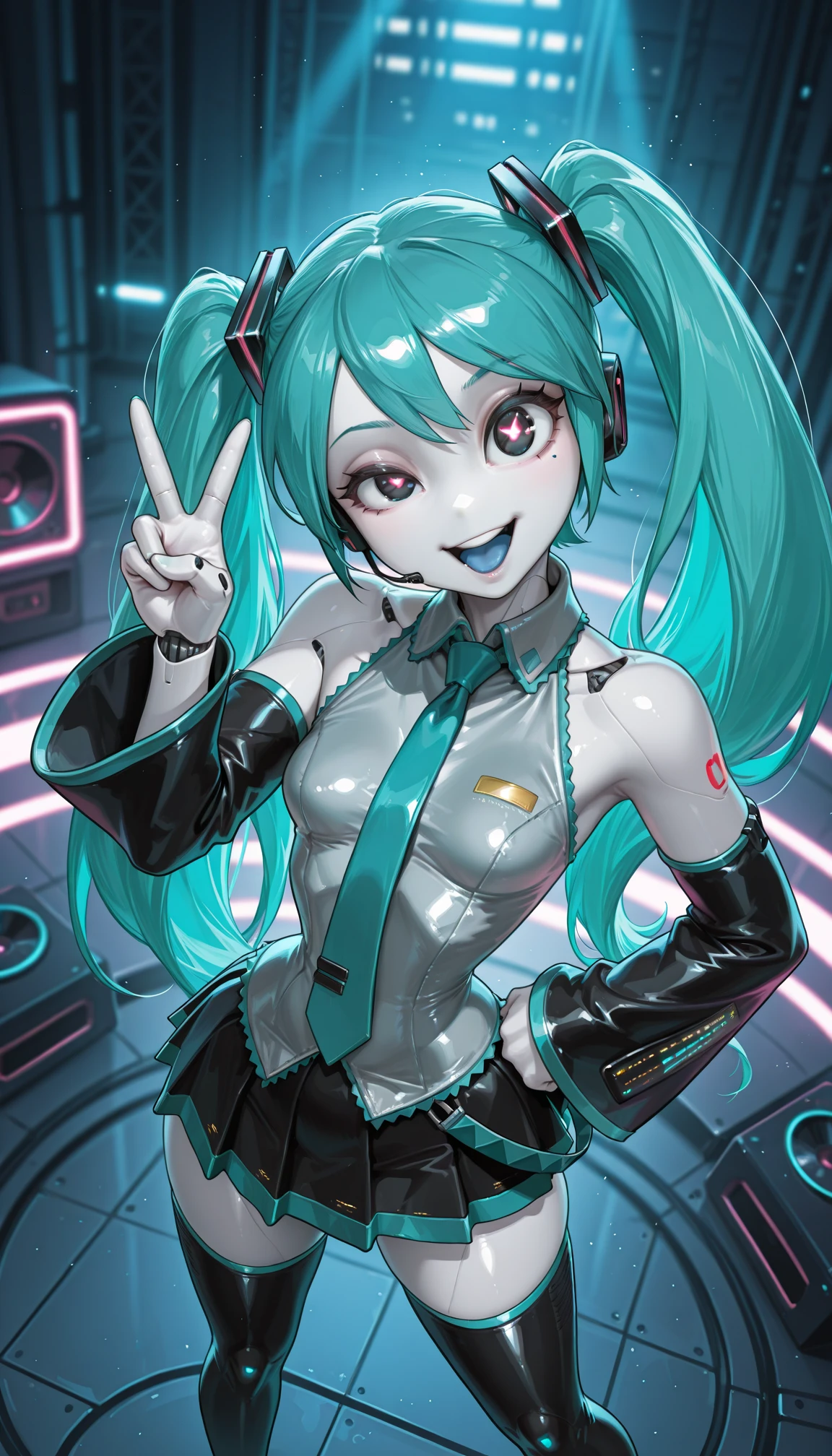 masterpiece, best quality, amazing quality, 4k, very aesthetic, high resolution, ultra-detailed, absurdres, newest, scenery, cartoon, dramatic light, 1girl, solo, (jenny wakeman:1.3) AND hatsune miku, (robot, android, part lines:1.2), (white body, white skin, metalic skin, ceramic skin:1.2), collared wide detached sleeve grey shirt, necktie, skirt, thighhighs, (no nose:1.2), [shiny black eyes:symbol-shaped pupils:13], bright pupils, big eyes, one eye half-closed, (winking:0.8), open mouth, smile, blue tongue, standing, posing, twisty pose, head tilt, legs apart, long hair, small breasts, wide hips, narrow waist, from above, face focus, dutch angle, v, one hand on hip, cyberpunk, stage, blue neon, spot light, fine shiny fablic emphasis, BREAK, robot white hands, fingers, eyes, extremely detailed eyes, photorealistic detail, detailed background, volumetric lighting, depth of field