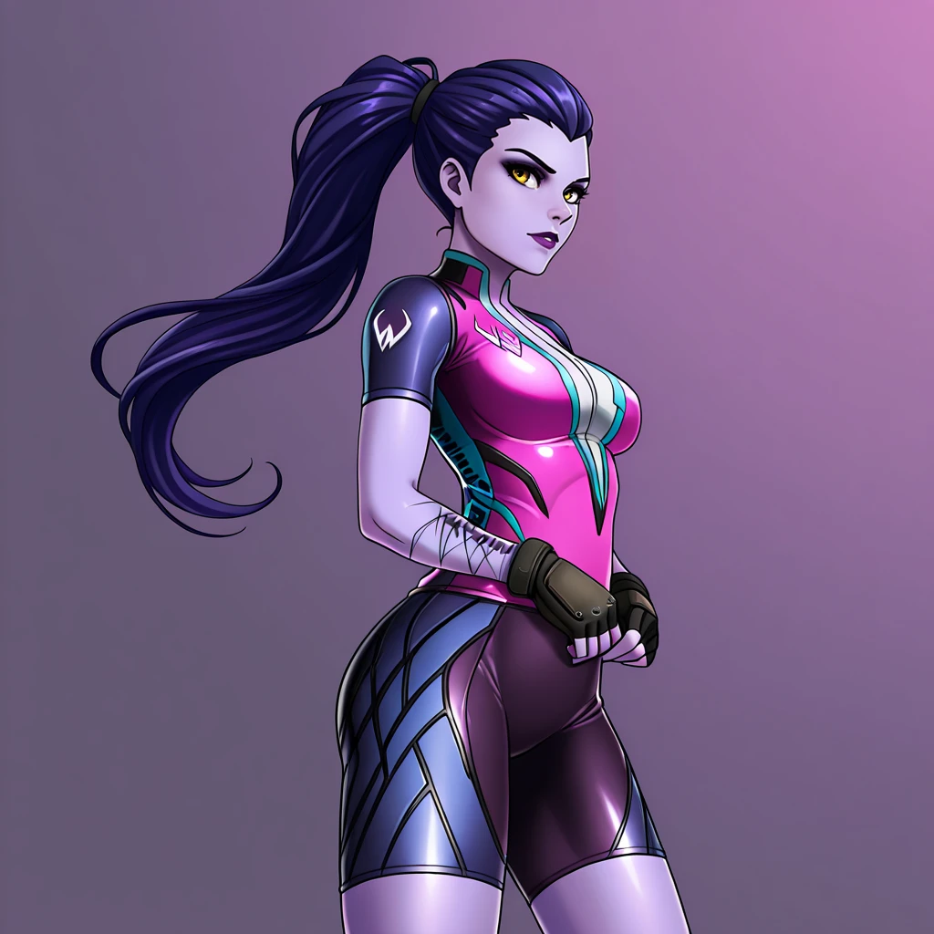 <lora:WidowMaker_illustrious_v1:.8> WidowMaker, 1girl, widowmaker (overwatch), solo, medium breasts, purple skin, colored skin, yellow eyes, hair pulled back, ponytail, long hair, purple hair, purple lips, makeup, cowboy shot,  <lora:cycling-uniform-illustriousxl-lora-nochekaiser:1> cycling uniform, bike jersey, bike shorts, biker clothes, fingerless gloves, gloves, short sleeves,