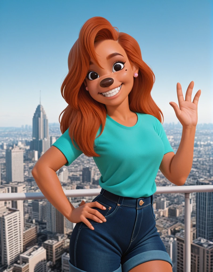photorealism, masterpiece, best quality, amazing quality, absurdres, solo, city skyline, day,
roxannerover, female, tan body, black eyes, brown hair, beauty mark, ear piercing, teal t-shirt, denim shorts, looking at viewer, , smile, teeth, one hand on hip,
by sleepiness18, <lora:RoxanneXL_023-Illus-nd32-na64-lr1-b2-ep16:1>